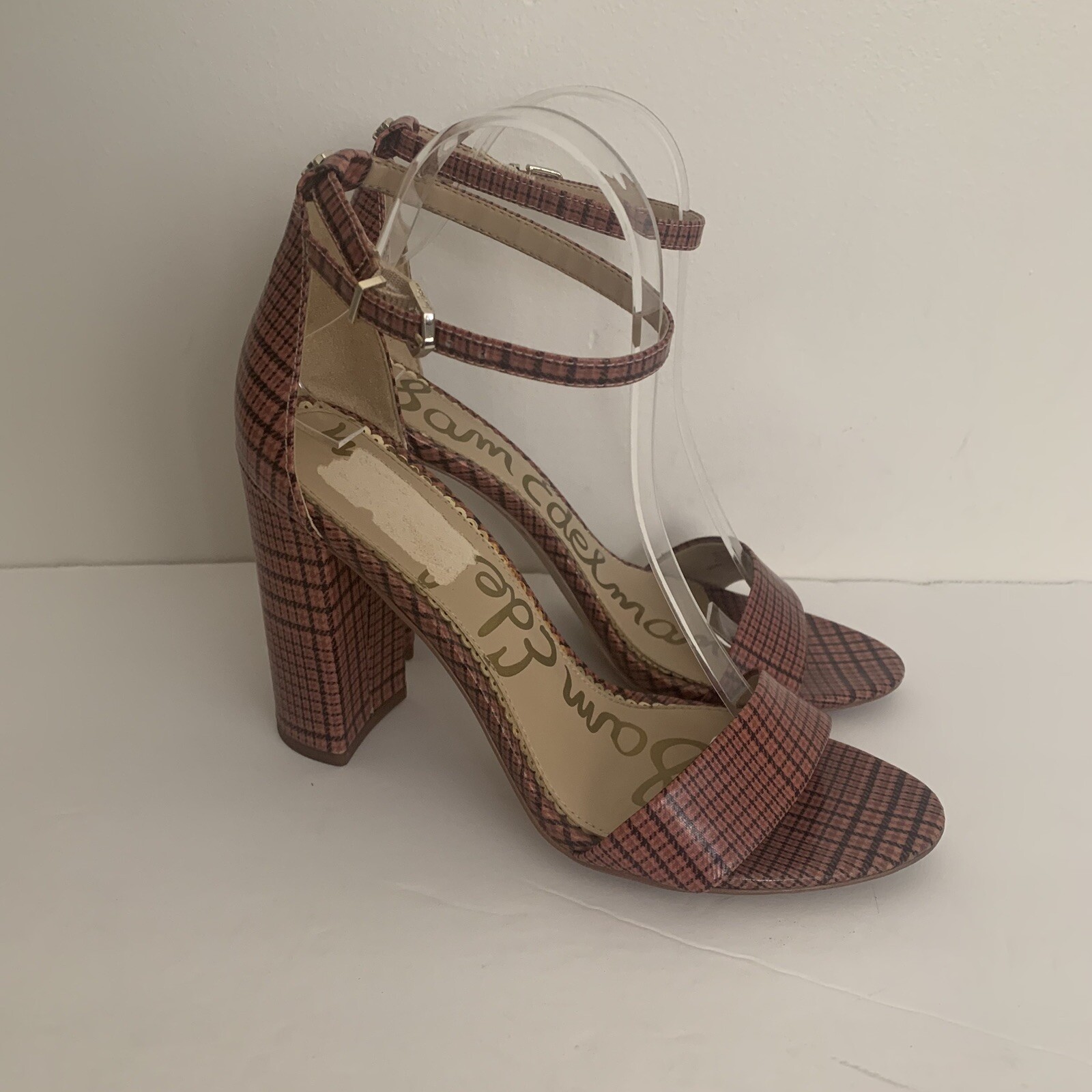 Sam Edelman Yaro Pink Black Plaid Ankle Strap Sandals Size 8M Block Heel EUC
