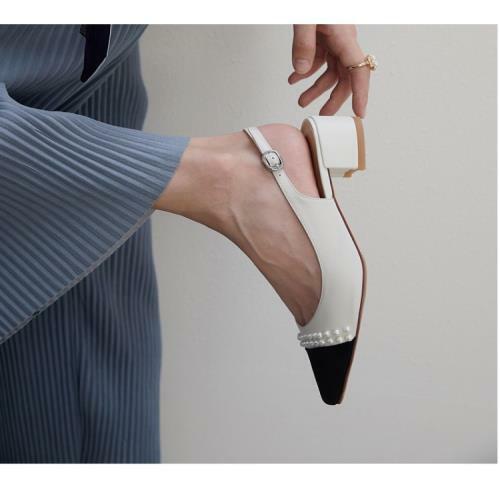 Women Classic Pearl Two Tone Leather Slingback Heels Square Toe Shoes Formal