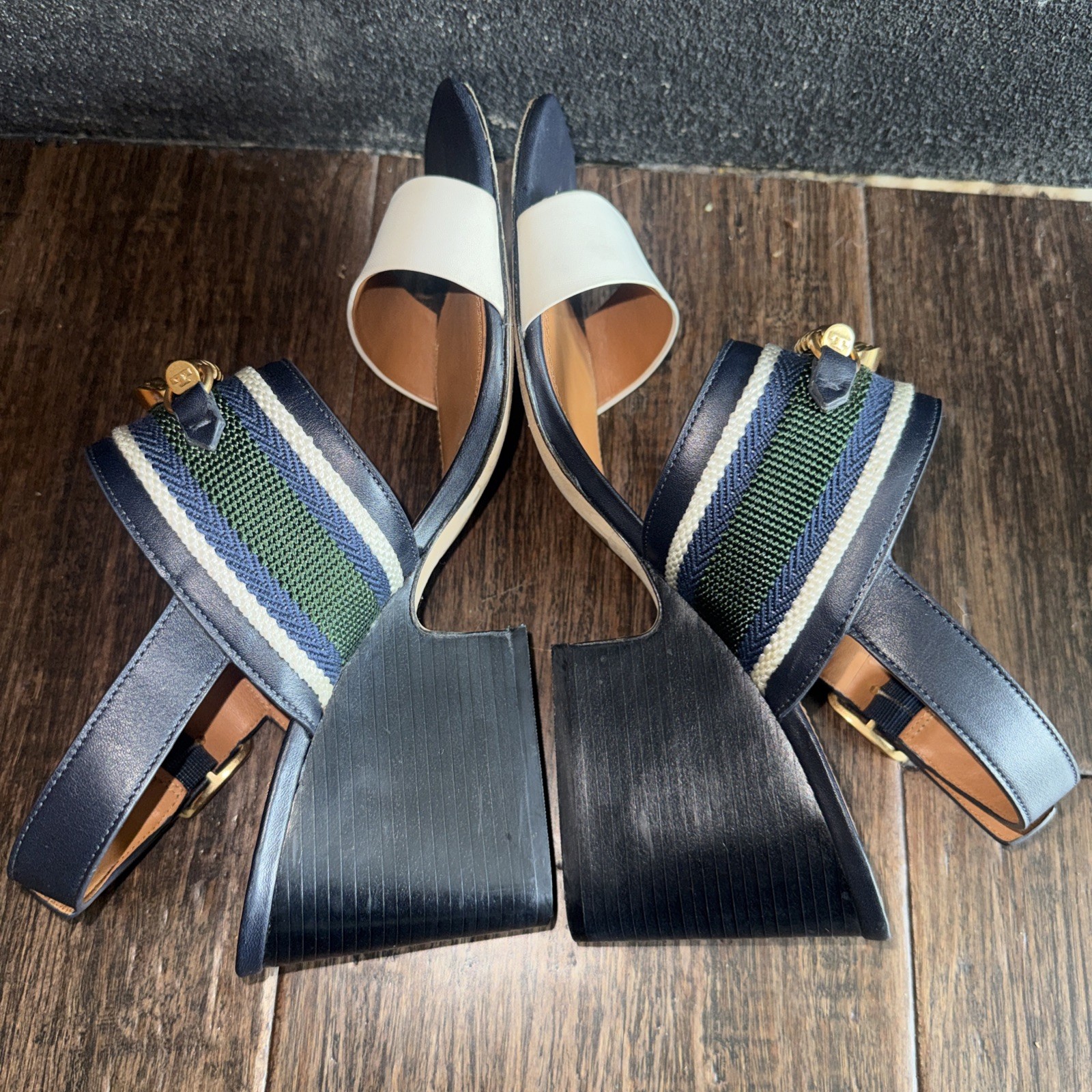 Tory Burch Jessa Slingback Block-Heel Sandals Size 10.5 Snake Gold Buckles