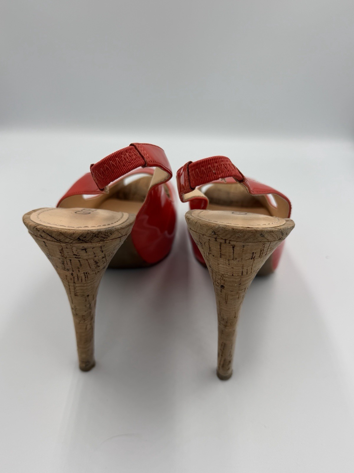 Guess Aero6 Orange Patent Peep Toe Slingback Cork Platform Heels Women’s 9.5