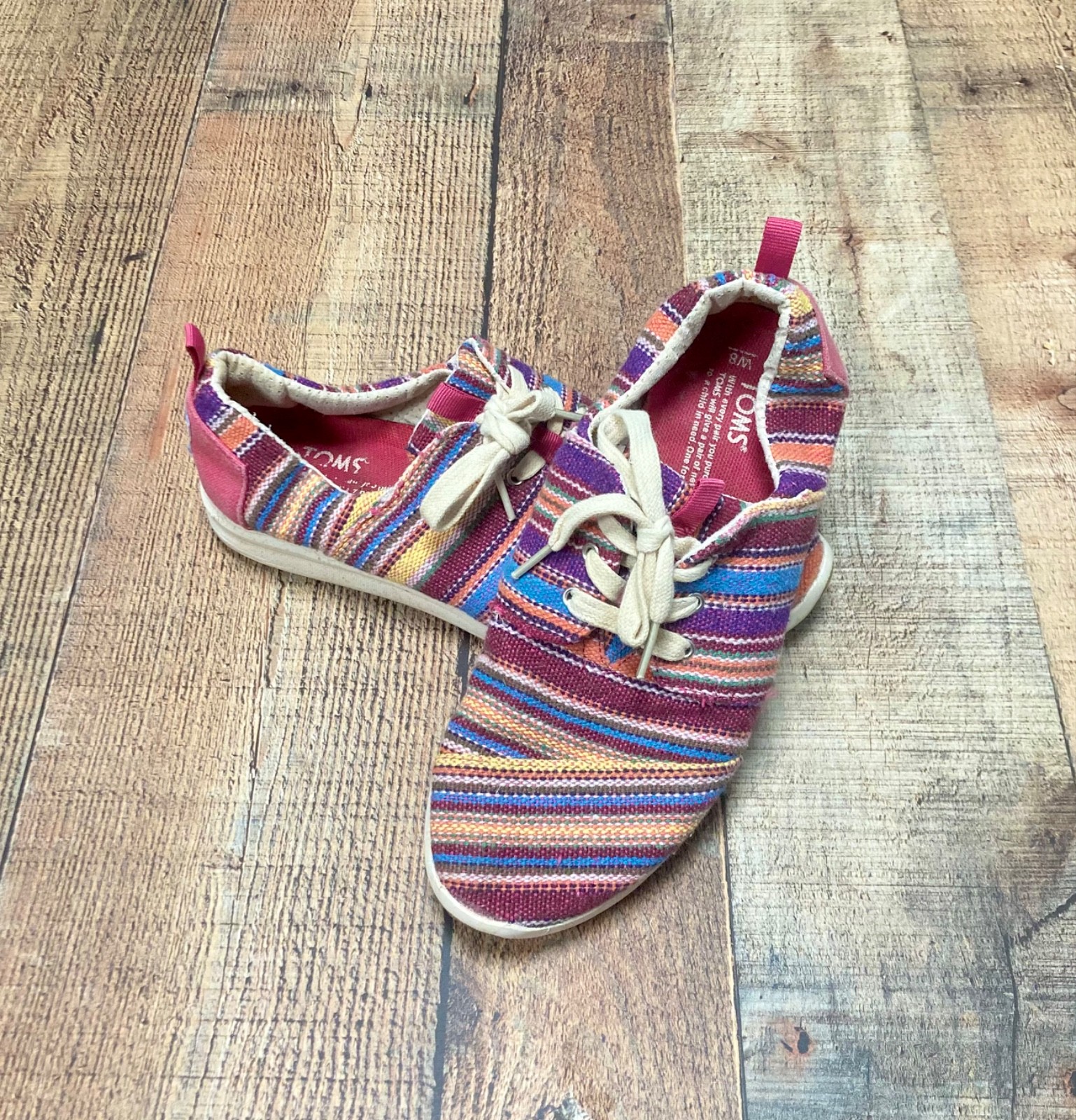 TOMS Del Rey Womens Size 8 Multi Color Striped Woven Lace Up Sneakers Boho Shoes
