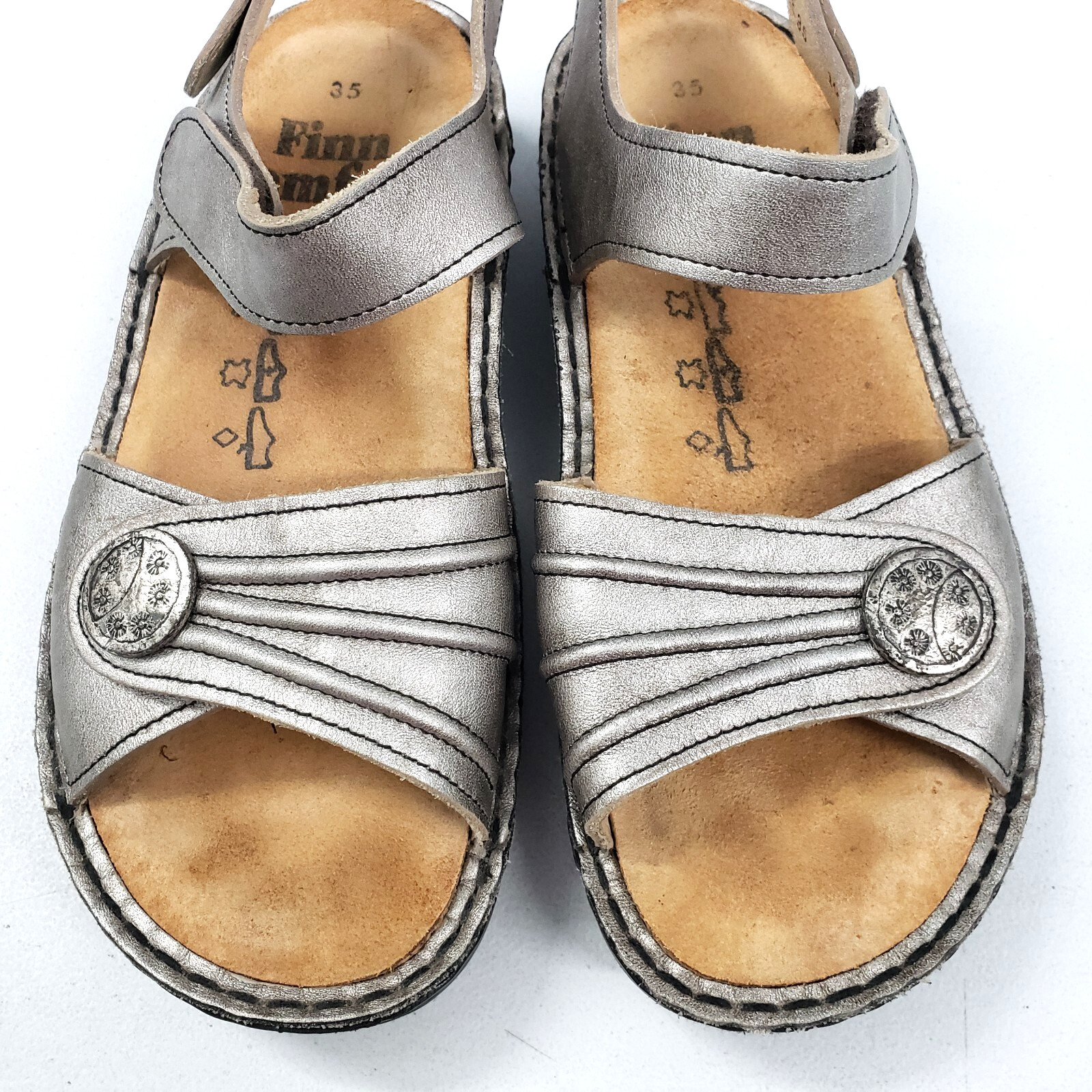 Finn Comfort SAUSALITO EUR 35 US 5 Silver Argento Leather Ankle Strap Sandals