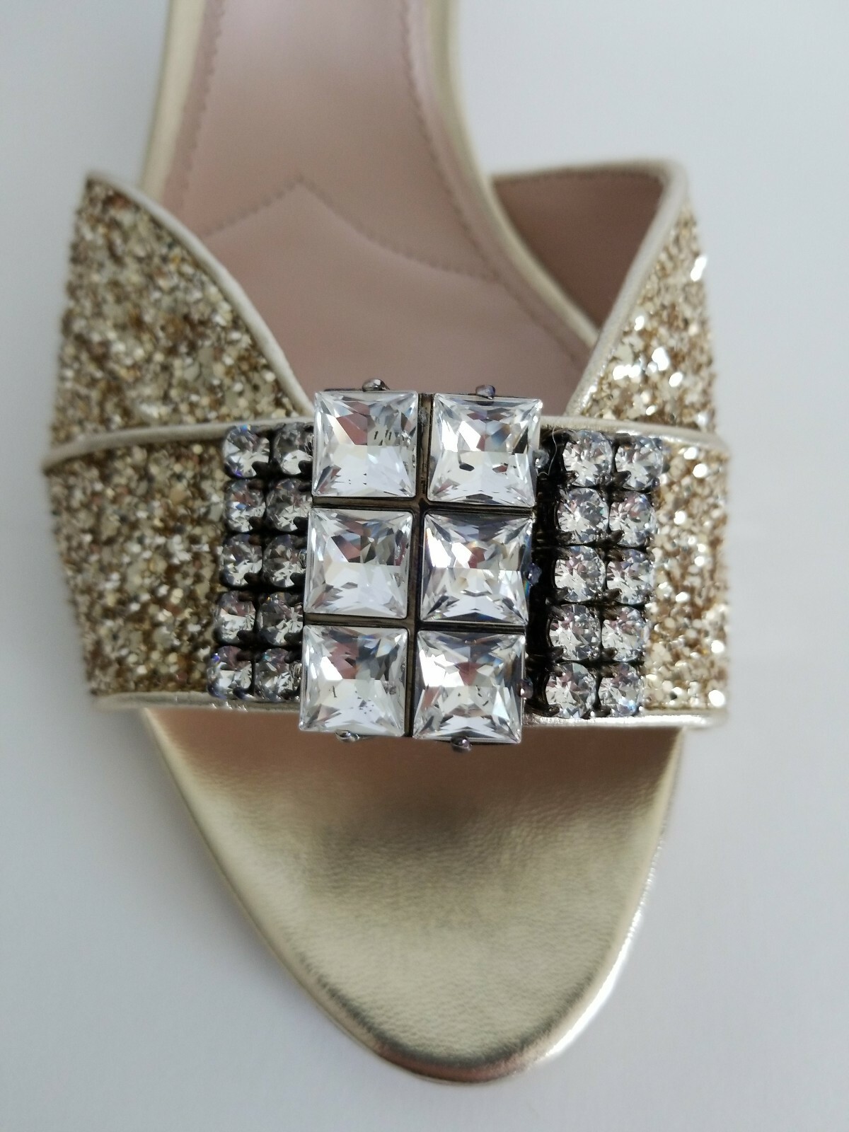 MIU MIU GOLD GLITTER SWAROVSKI CRYSTALS WEDDING MULES SLIDES EU 39 I LOVE SHOES