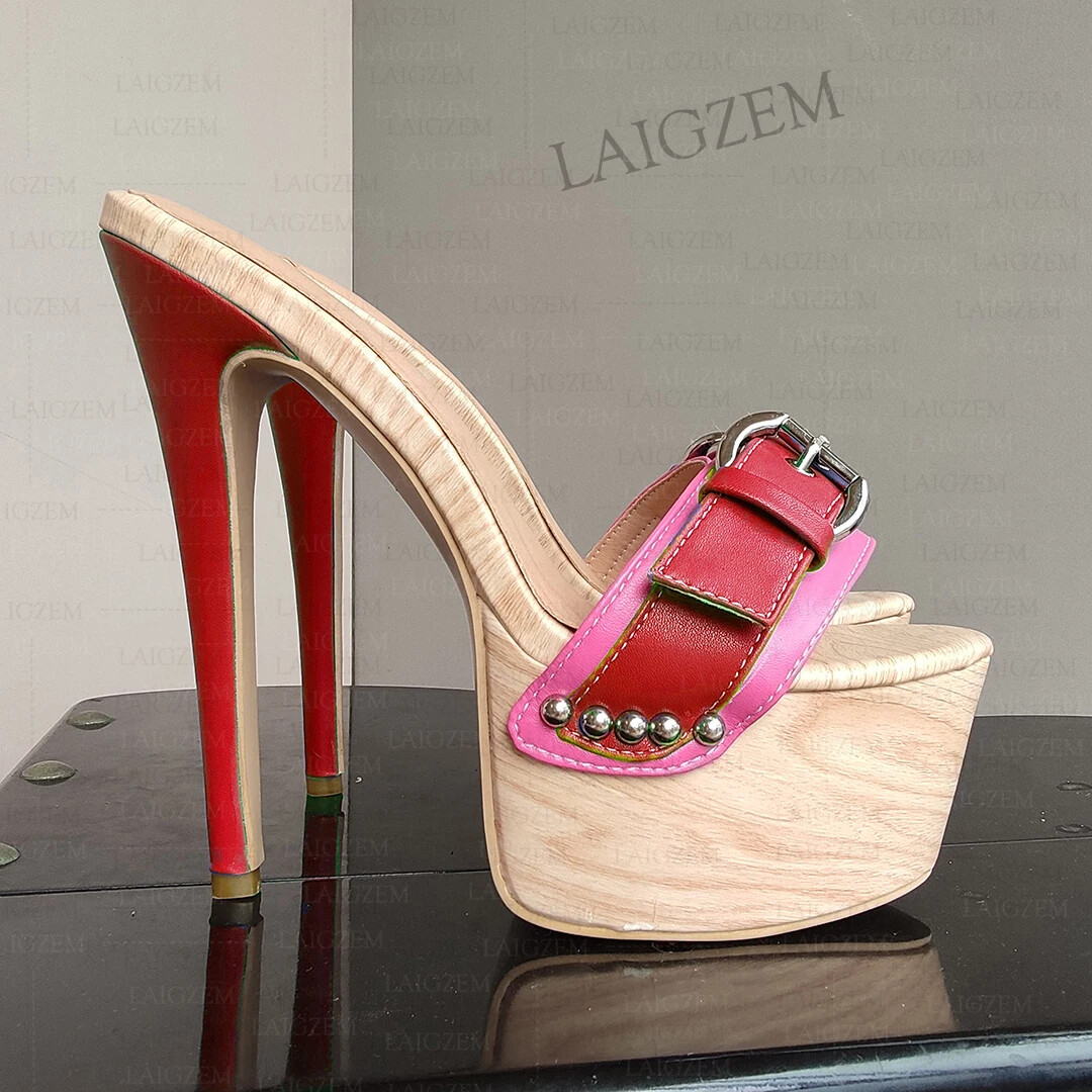 Women Mules Open Toe Slip On Faux Leather Thin High Heeled Slides Shoes Woman