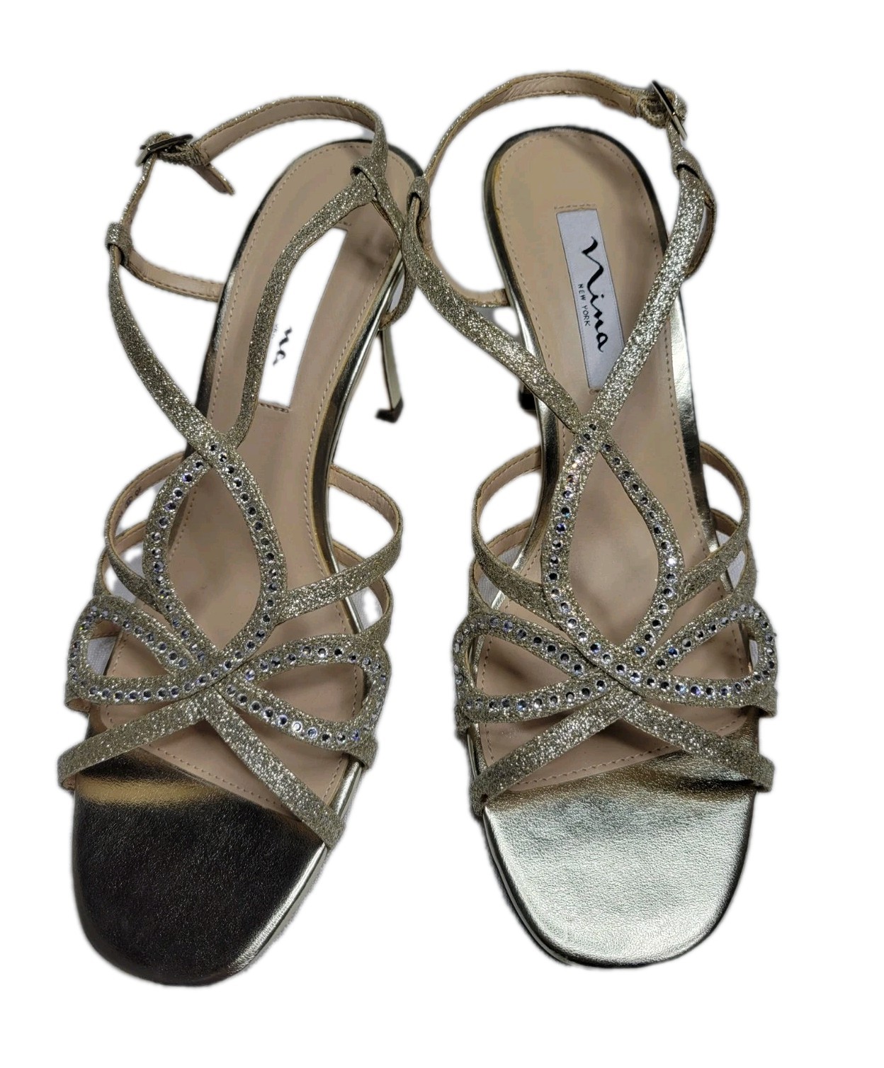 Nina leather sole Gold rhinestone Strappy cocktail party heels pumps size 9