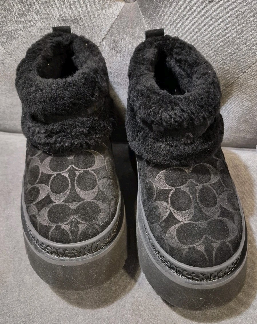 COACH Christina Black Suede Signature Sherling Top Thick Sole Booties, Sz 5 NWOT