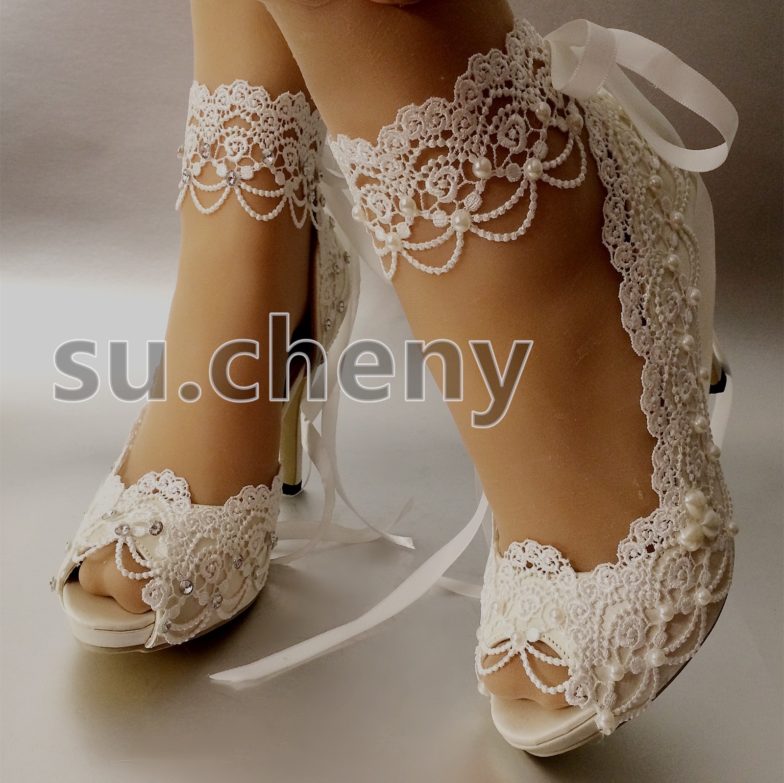 su.cheny 3″ 4” heel white ivory satin lace ribbon peep toe Wedding Bridal shoes