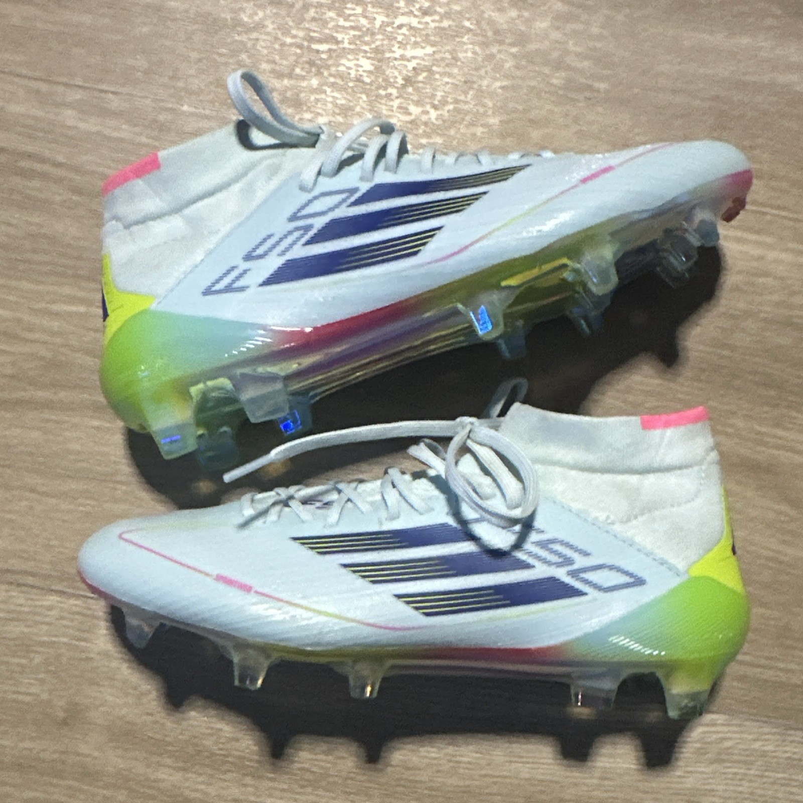 adidas F50 Soccer Cleats White Pink Yellow Blue Lace-Up Mid Top Plastic
