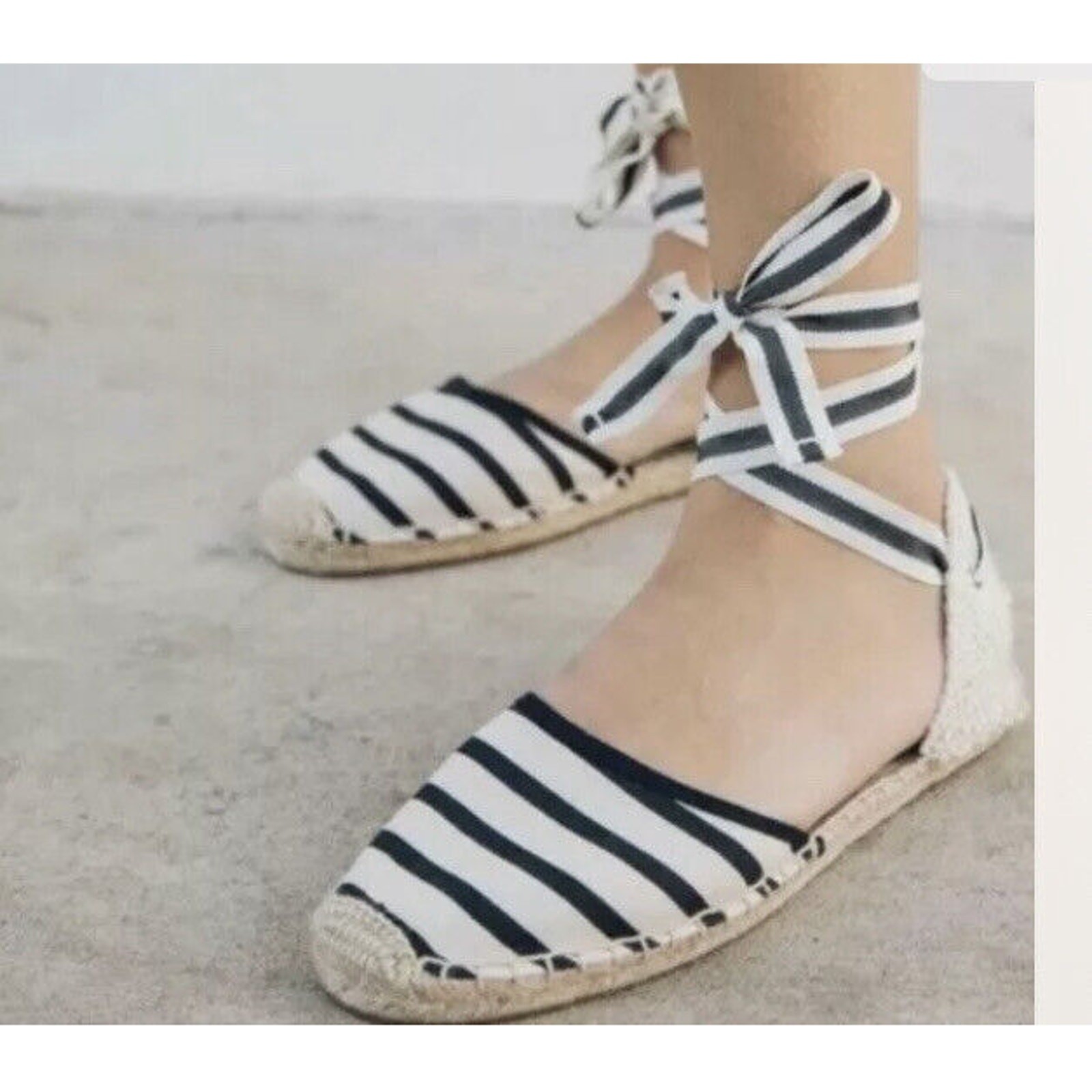 NEW SOLUDOS sz 6.5 Striped Ankle Tie Espadrille Sandals Natural/Black stripe Z22