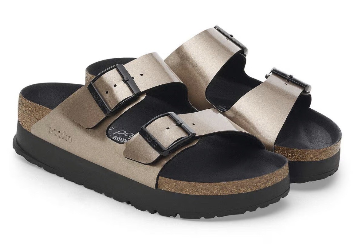 Birkenstock Papillio Arizona Platform Flex Women Sandals Metallic Taupe EU 38