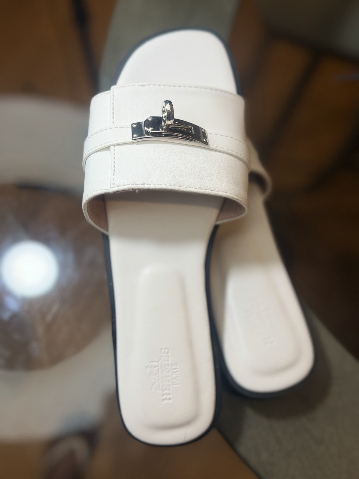 Hermès Women’s White Slide Sandals Faux Leather Logo Buckle Accent Slip-On US 8