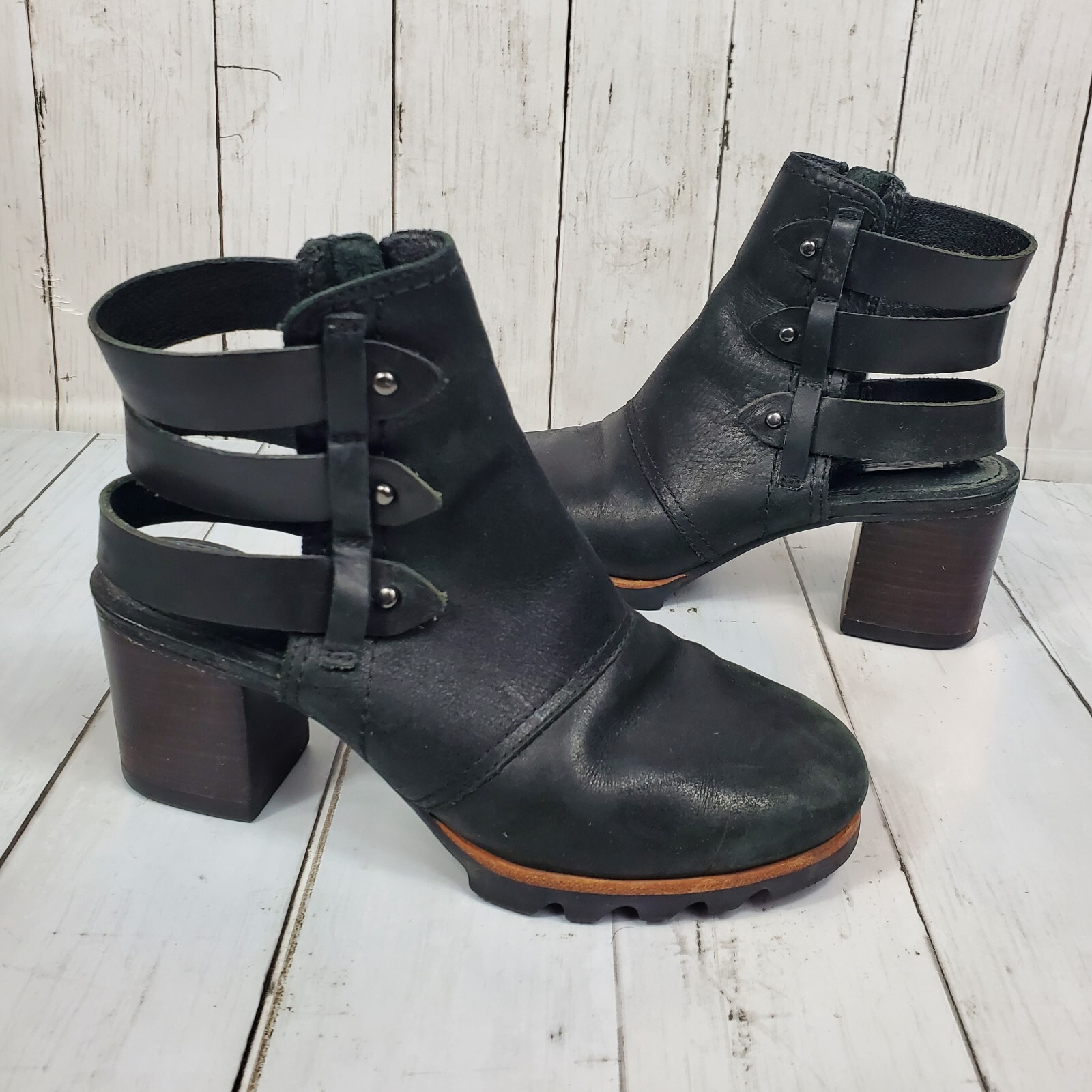 Sorel Addington Leather Strappy Back Block Heel Booties Women’s Size 6 Black