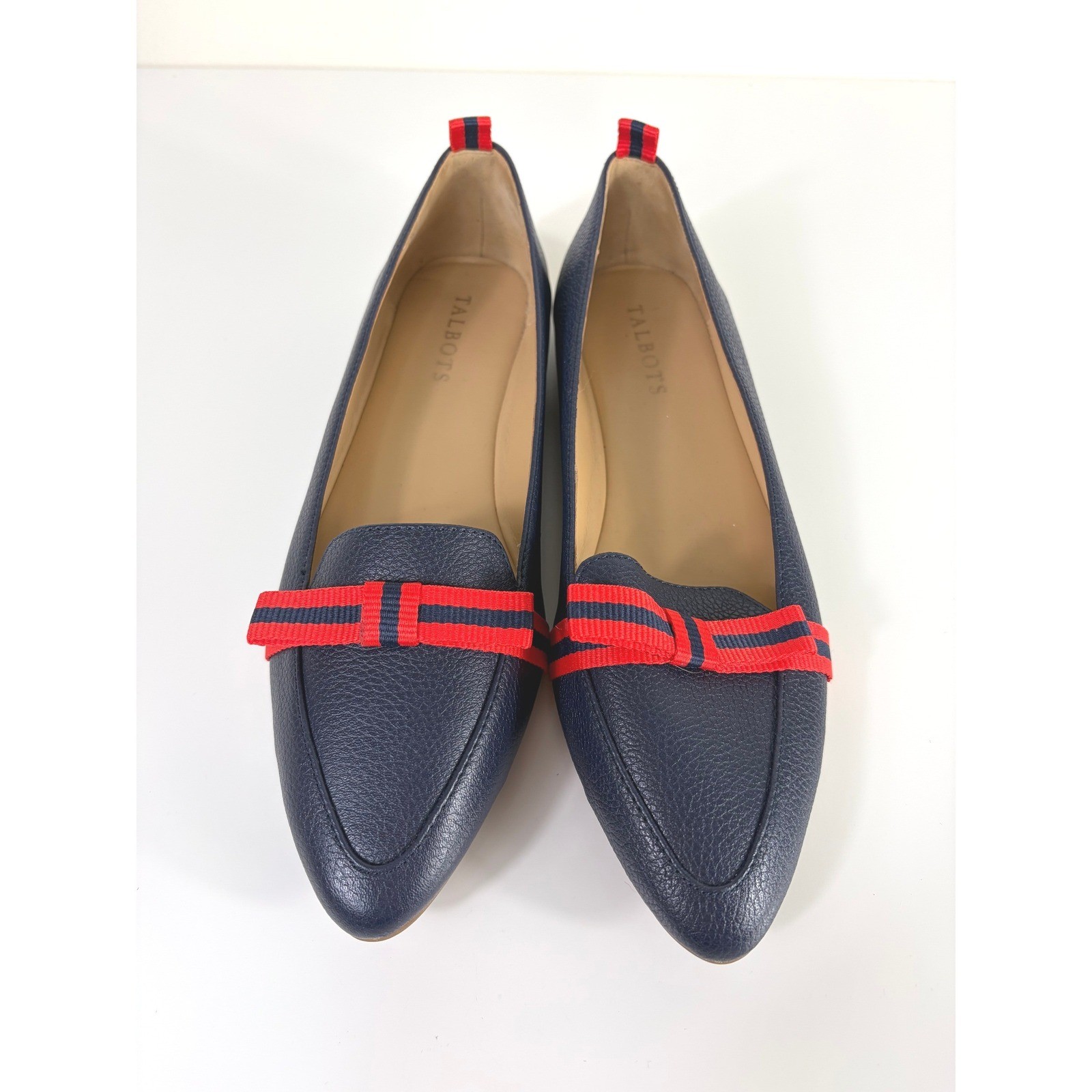 Talbots Francesca Driving Moccasin Grosgrain Bow Navy Red Size 7.5 AA NWOT Prep