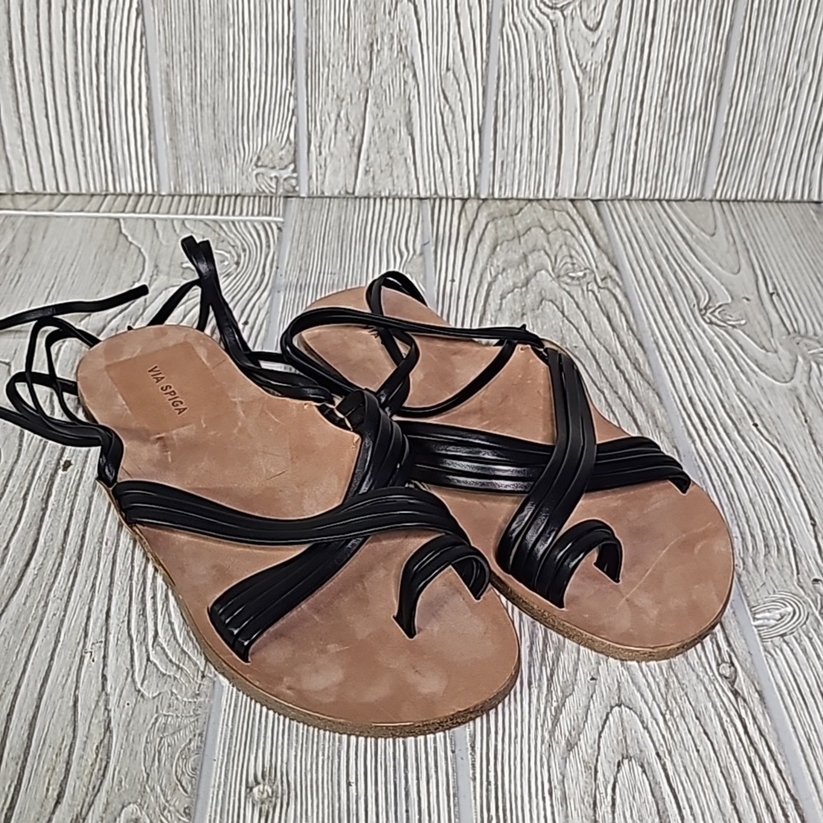 Via Spiga Allegra Ankle Wrap Black Leather Sandals Womens Size 6.5 New