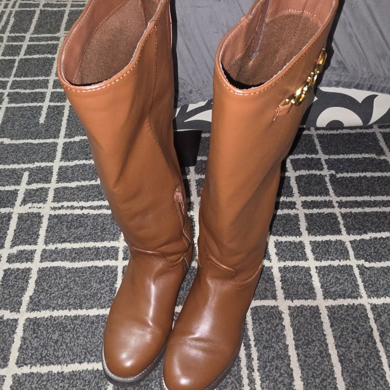 Women’s Brown Knee-High Riding Boots Faux Leather Wide Calf Side Zip 8