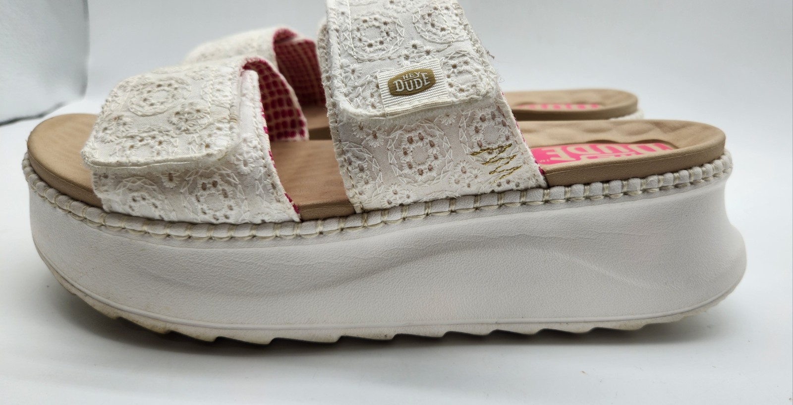 Hey Dude Womens Delray Slide Eyelet Platform Sandals White Lace Strap Size 9 W