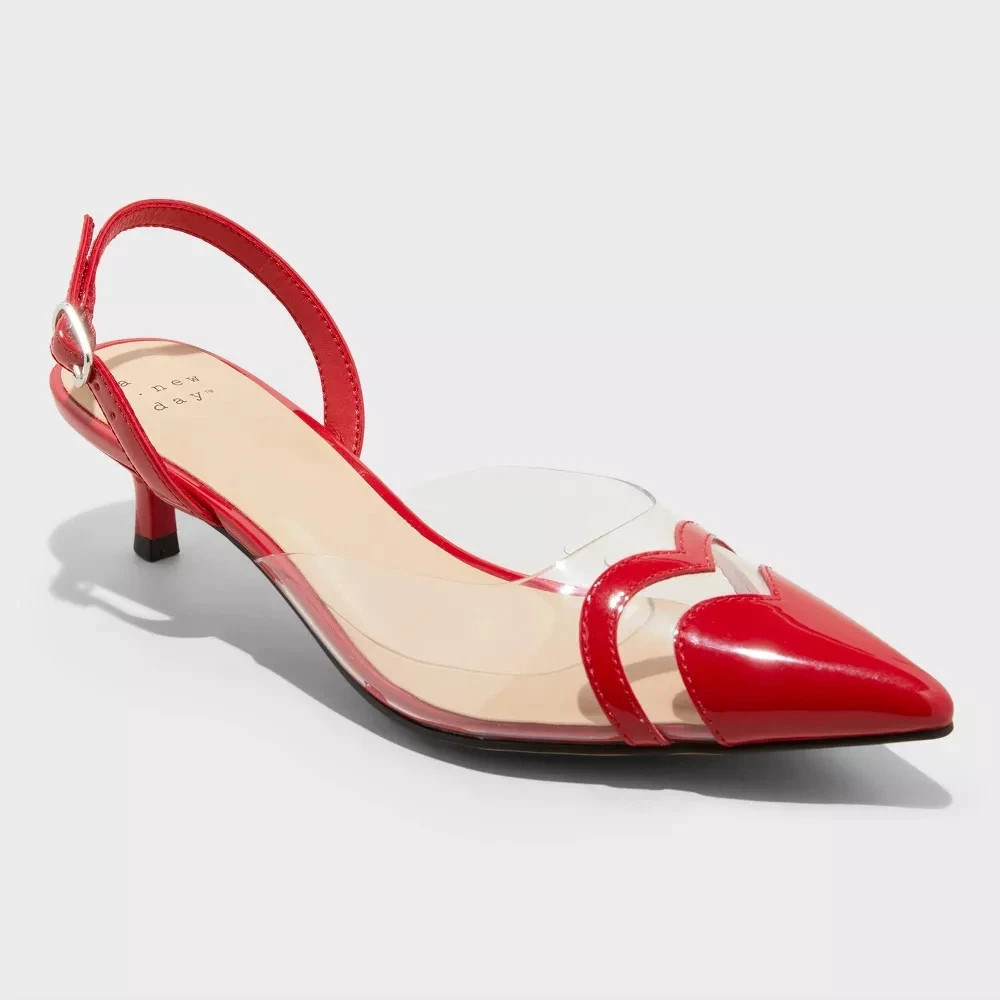 A New Day Shoes Womens Size 7.5 Red Clear Pointed Toe Heels Eleanor Heart Detail