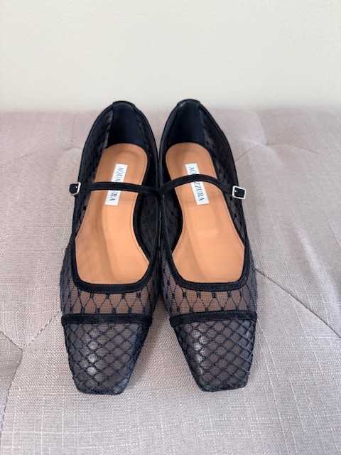 Aquazzura $875 Women’s Black Fishnet Suede Juliette Ballerina Flats 37 US 7B
