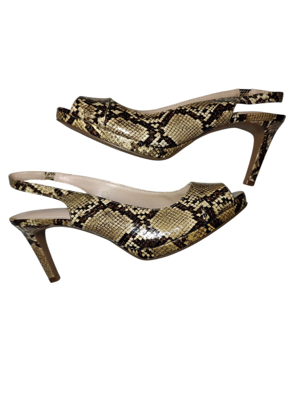 Kelly & Katie Open-Peep-Toe Brown Snakeskin Strappy 3.25″ Heels 9.5M