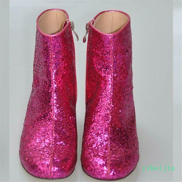 Womens Glitter Sequins Ankle Boot Stage Bar Low Heel Shoes Performance Plus Size