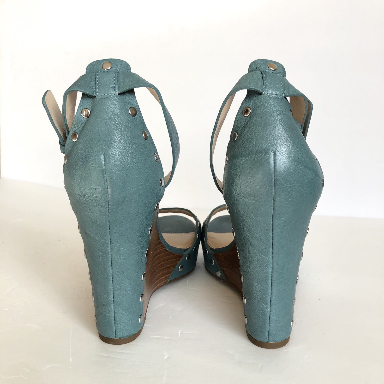 Via Spiga Mercato Turquoise Leather Studded Wedge Sandals Size 10 M