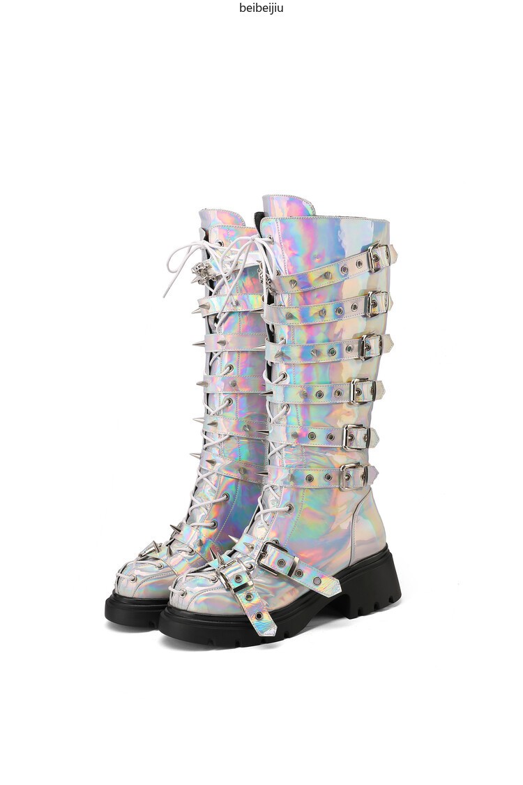 Women’s Punk Cosplay Mid Calf Boots Spike Studded Mid Block Heel Buckle Shoes Sz