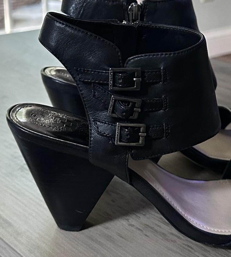 Vince Camuto Edrika Black Leather Cone Heel Side Zip 3 Buckle Accent Sandals 9M
