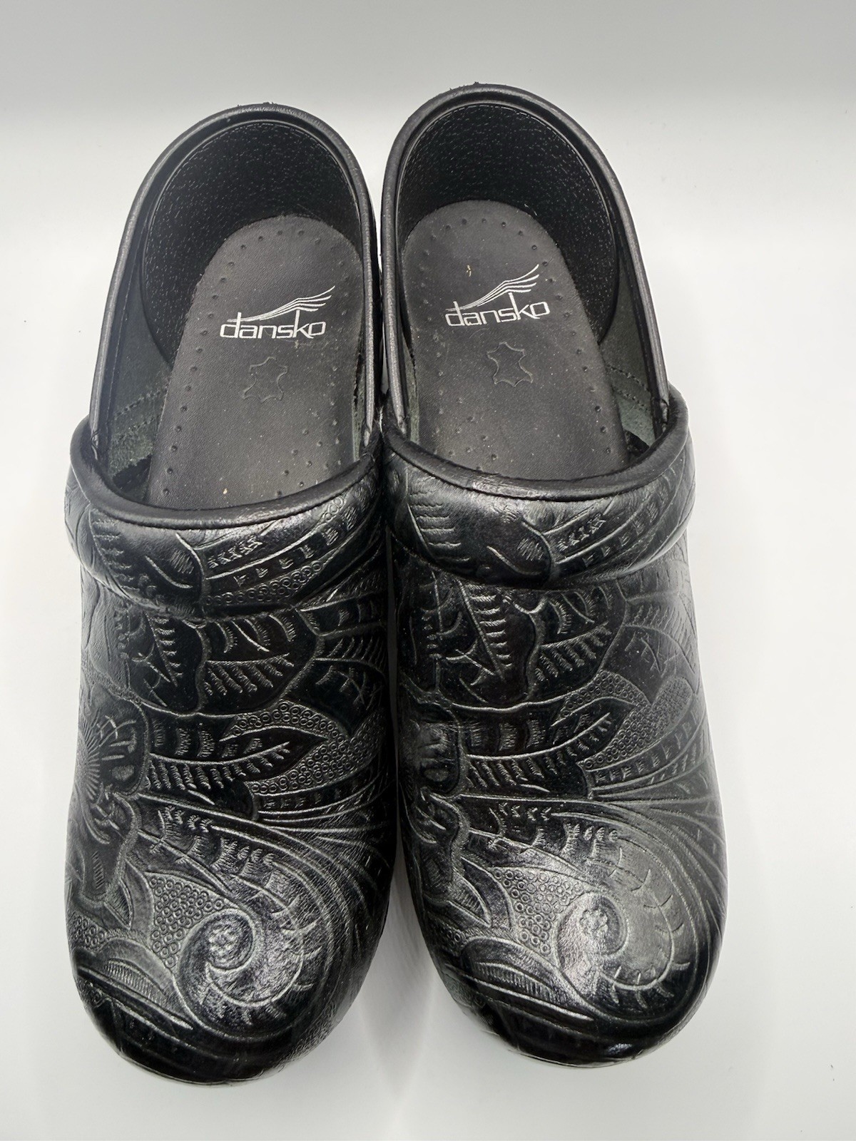 Dansko Professional Clogs EU 37 US 6.5 7 Black Embossed Leather Tooled Shoes