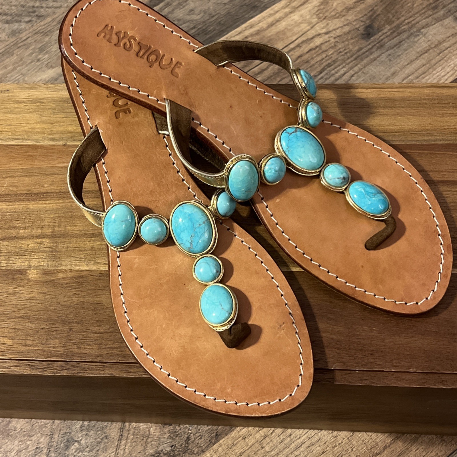 Mystique Sandals Womens Turquoise Gold Leather Sole Wood Heel Sz 10 Indonesia