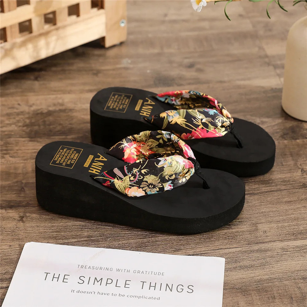 Women Summer Wedges Slipper Bohemian Satin Ribbon Female Flip Flop Ladies Beach