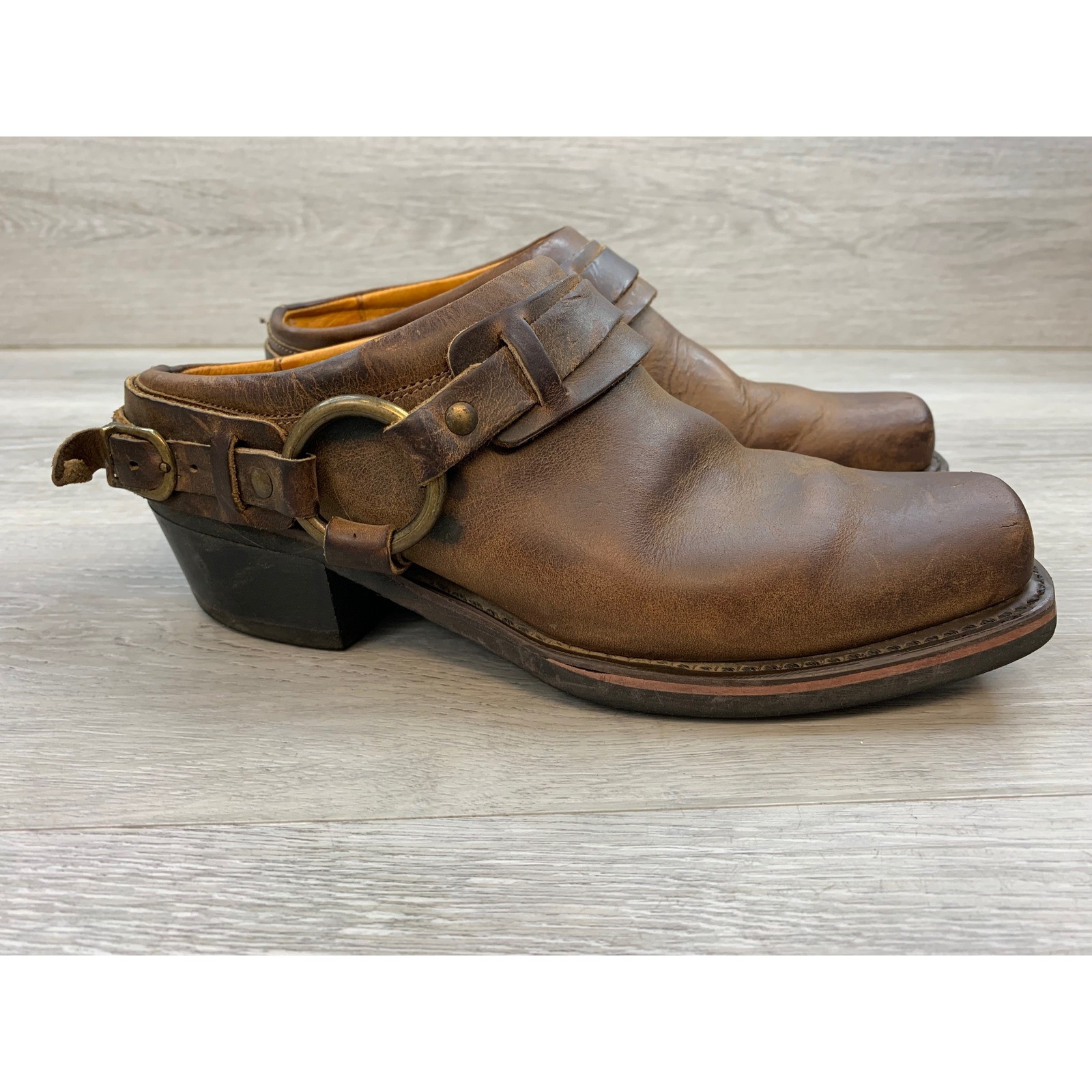 Frye Women’s Harness Mules Brown Leather Square Toe Clogs Made in USA 9 Western