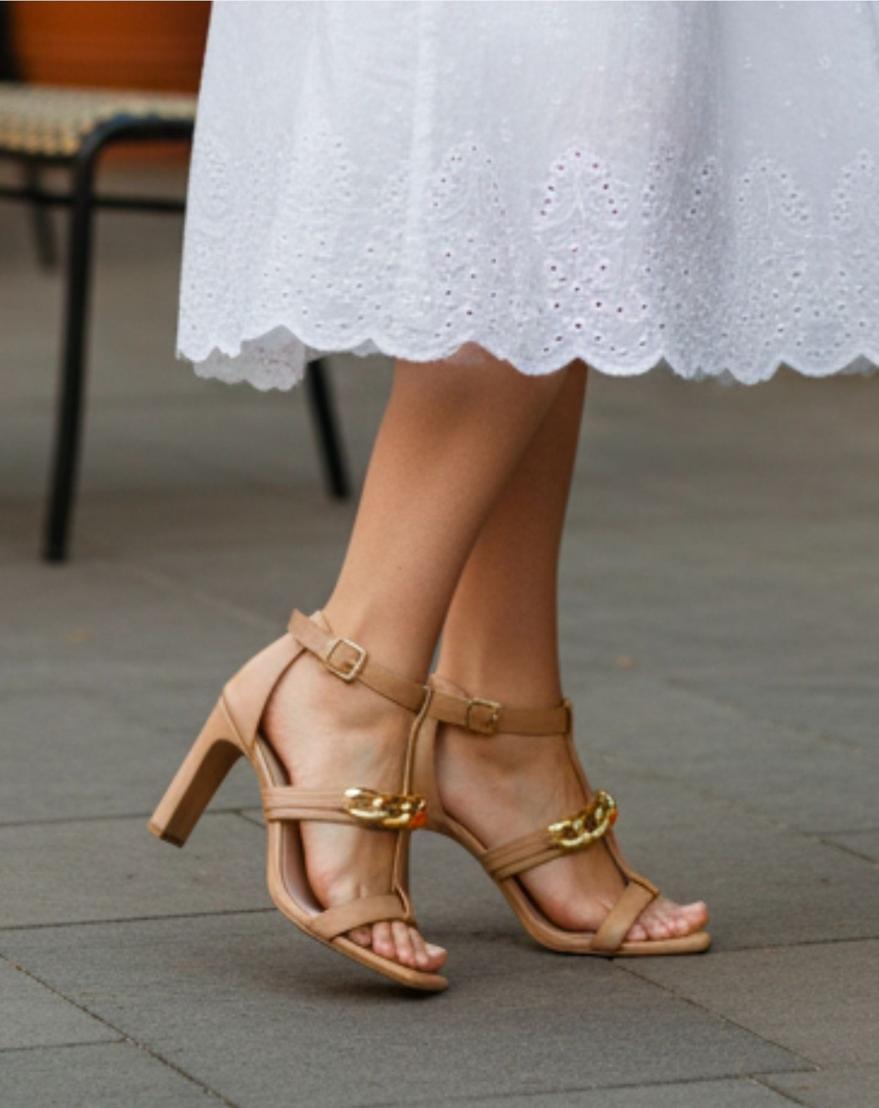 Gold Chain Accent Nude High Heel Sandals With Buckle Strap