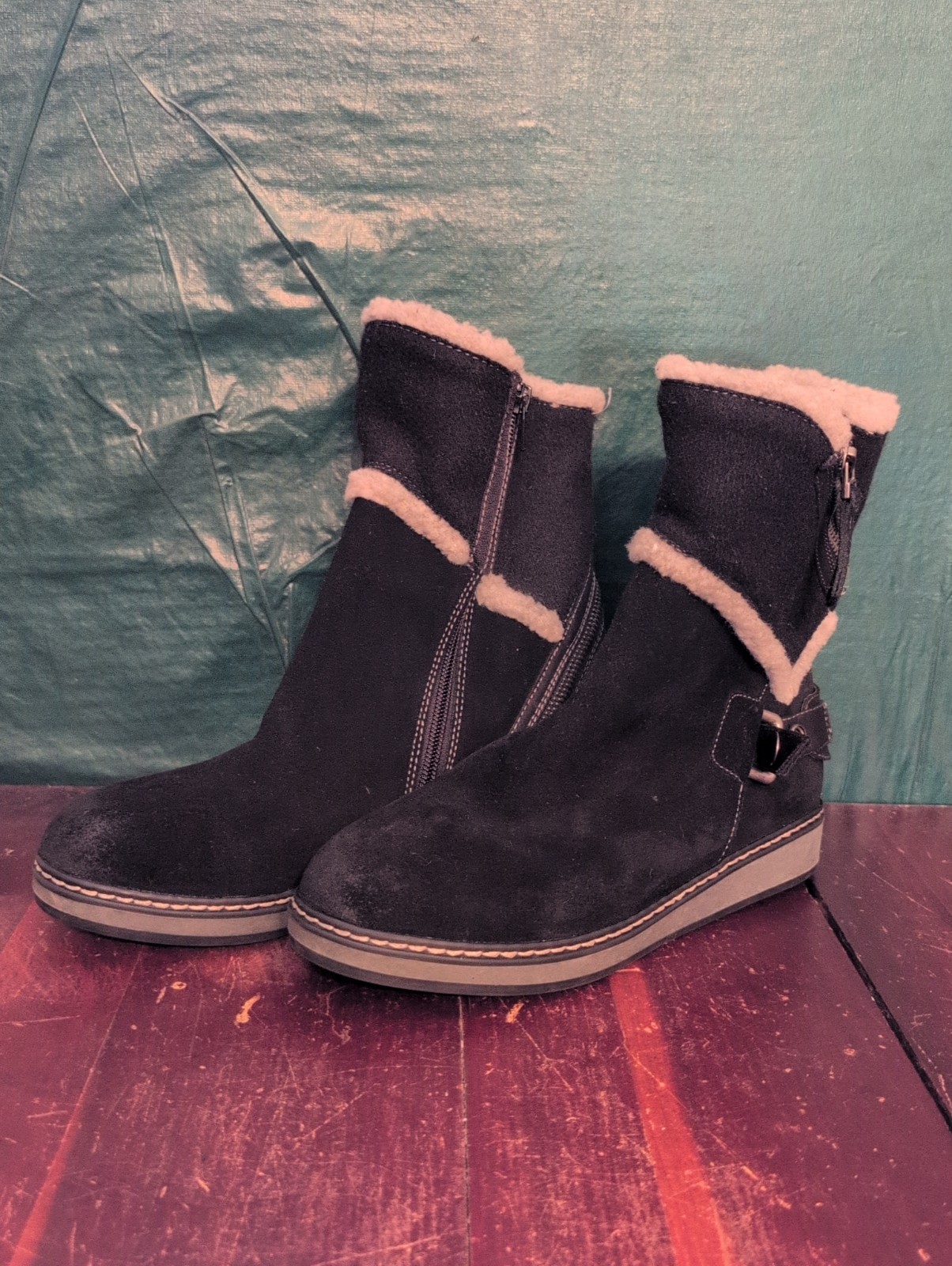 White Mountain Teague Black Suede Winter Boots Womens Size 7M Fleece Lined