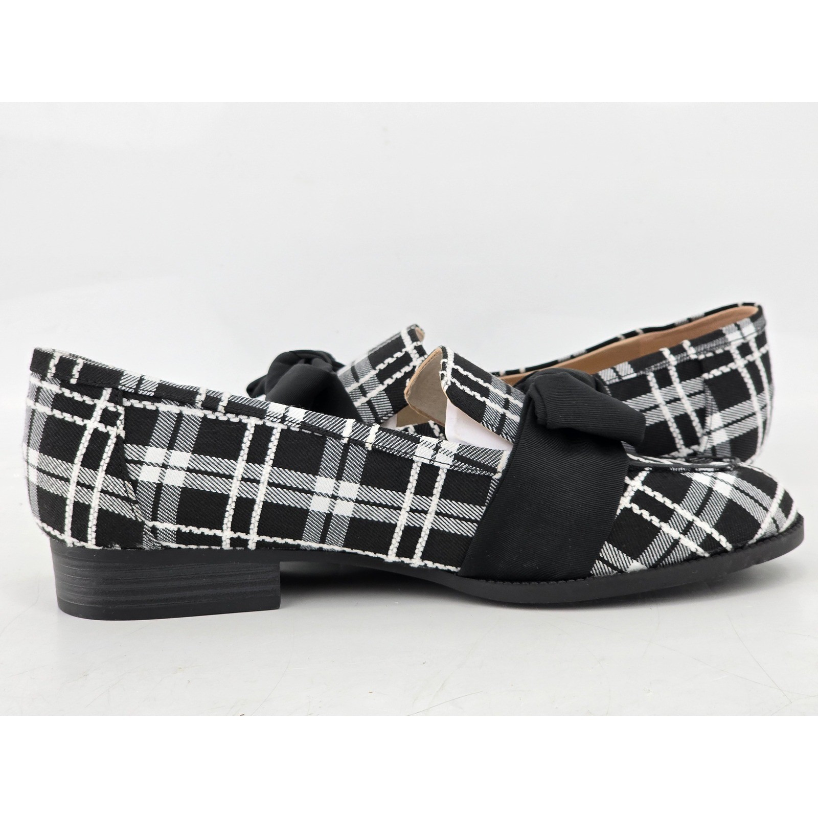 Bandolino Lindio Loafers Womens 9M Black White Plaid Bow Slip On Shoes -VGF