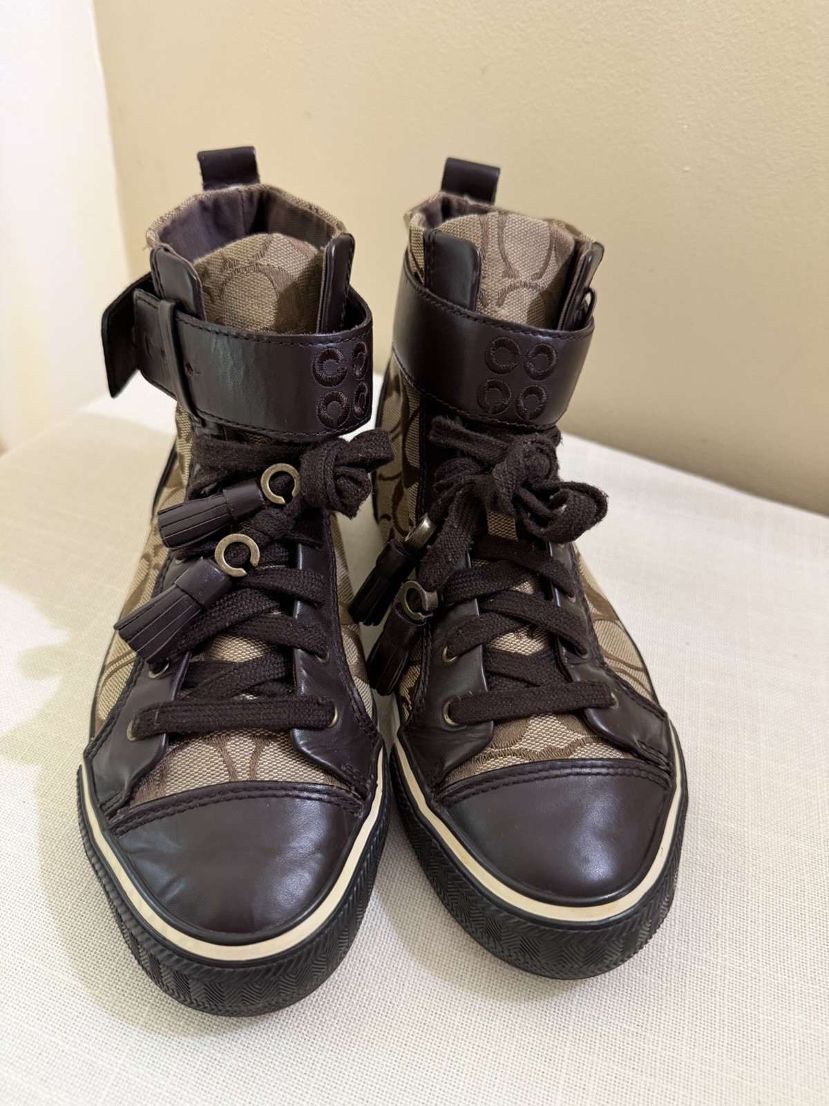Vintage Y2K Brown Coach Logo High Too Sneakers Textile Leather Tassel Laces 7