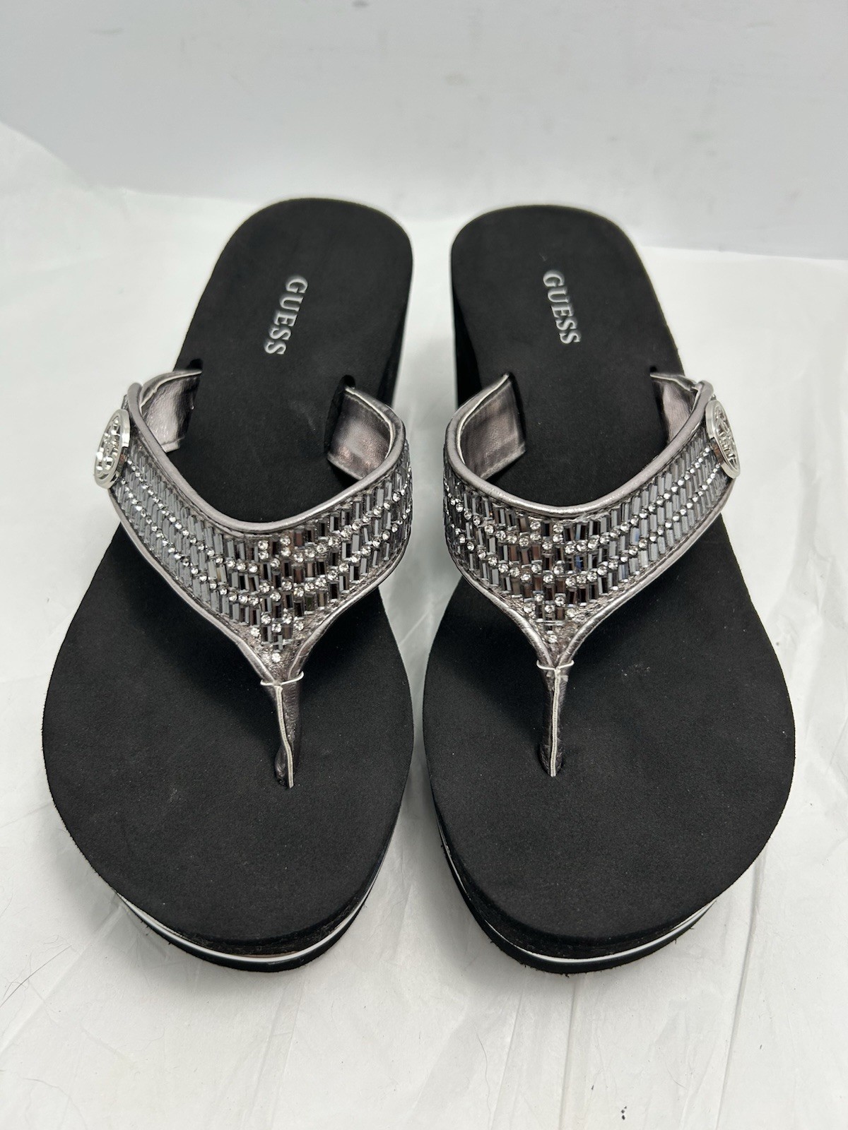 GUESS Sarraly Eva Logo Rhinestone Wedge Sandals Size 7 M Silver New #Y