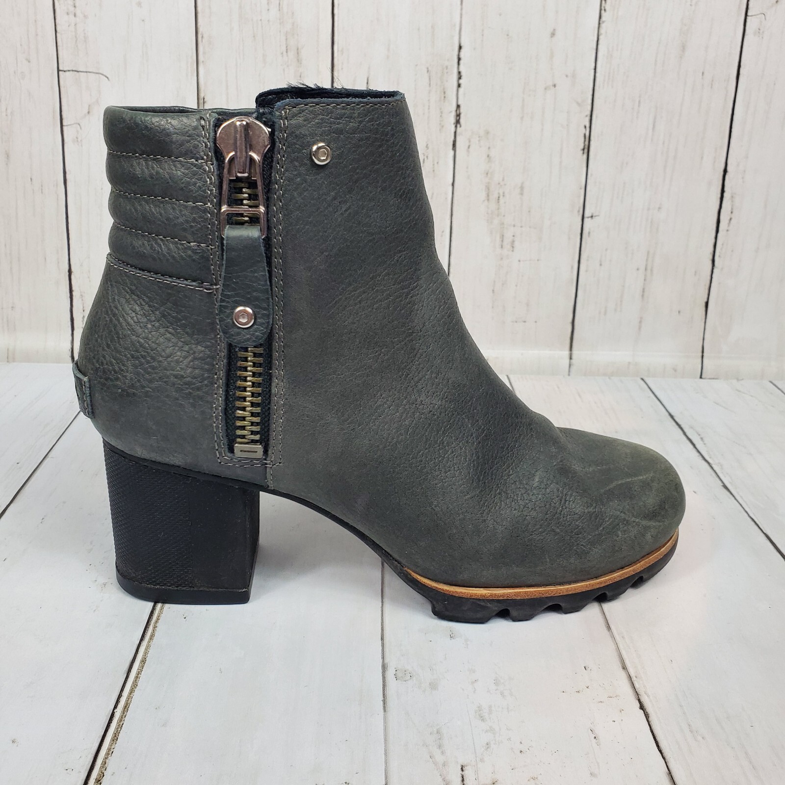 SOREL Danica Waterproof Ankle Bootie Sz 7.5 Gray Quarry Black Leather NL2547-052