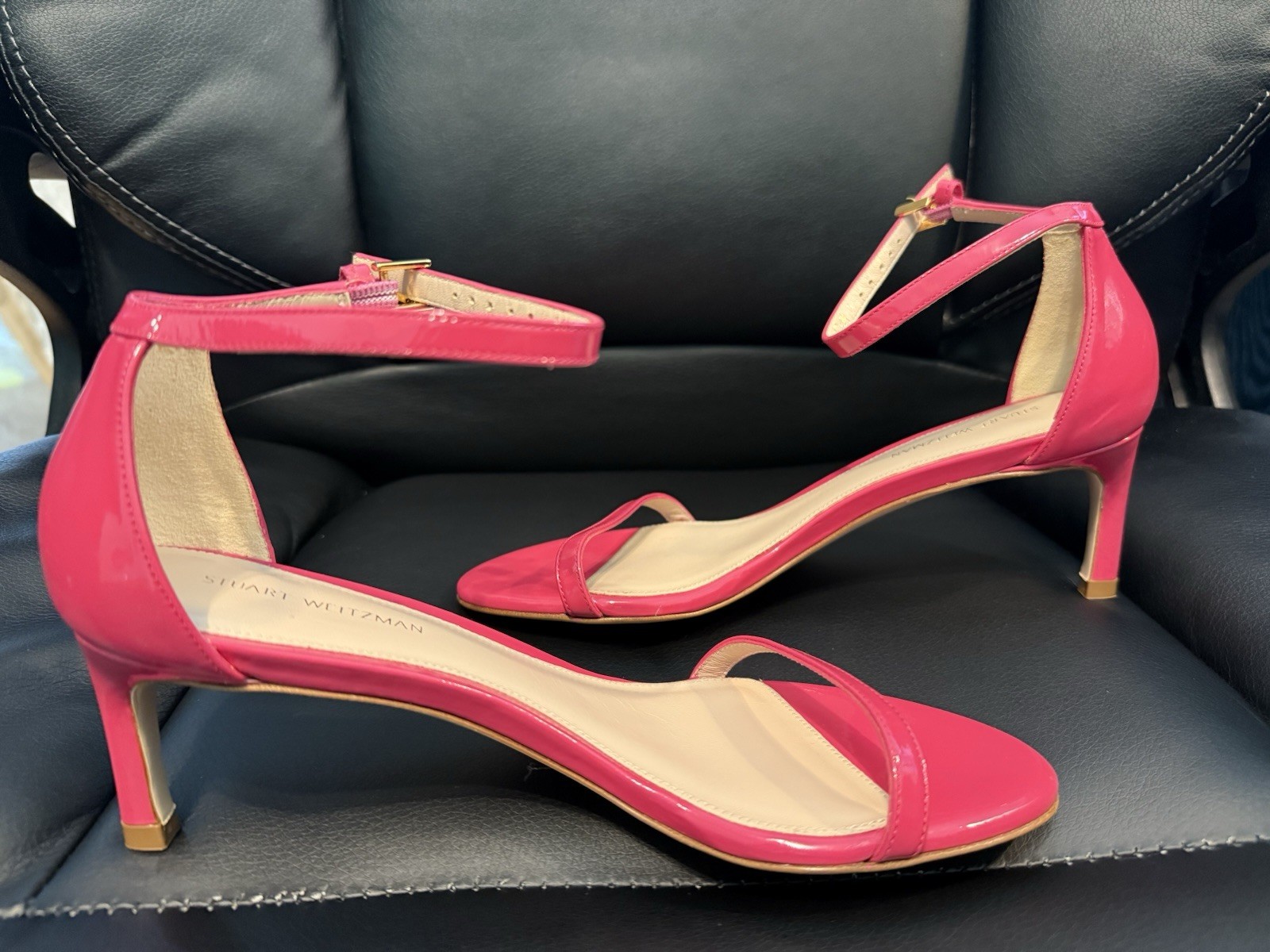 New Stuart Weitzman Pink Patent Leather Open Toe Strappy Buckle Heels US 5.5