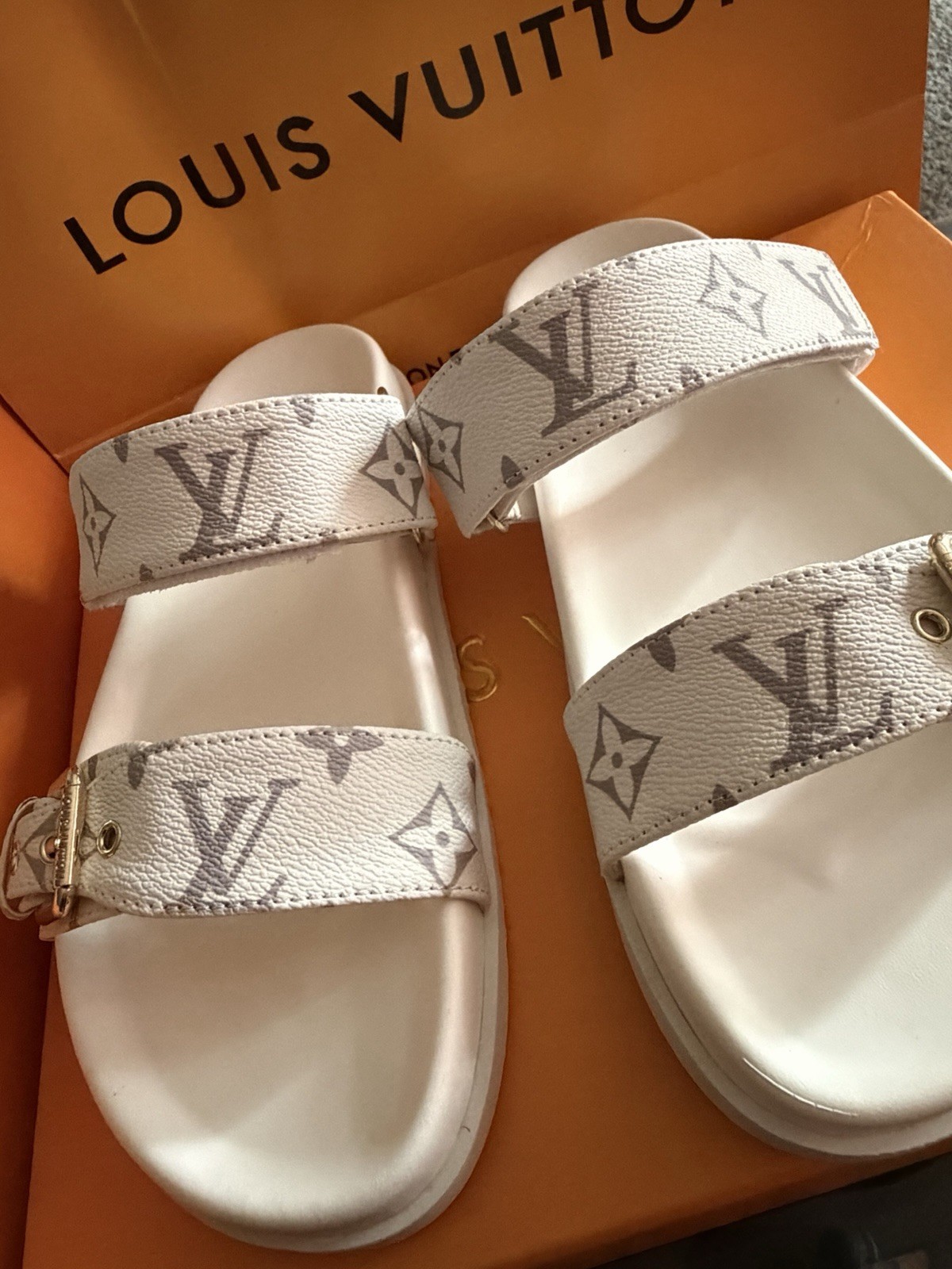 Louis Vuitton Women’s White Monogram Double Strap Buckle Slide Sandals