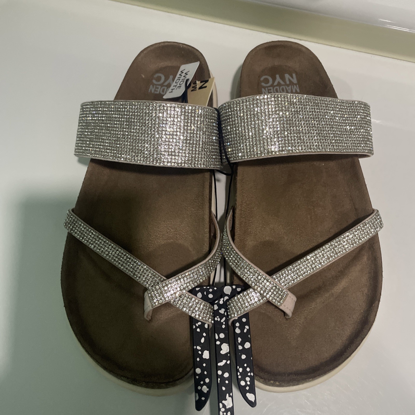 Madden NYC Women’s Embellished Rhinestone Footbed Sandals Silver Sz 8 Wide Width