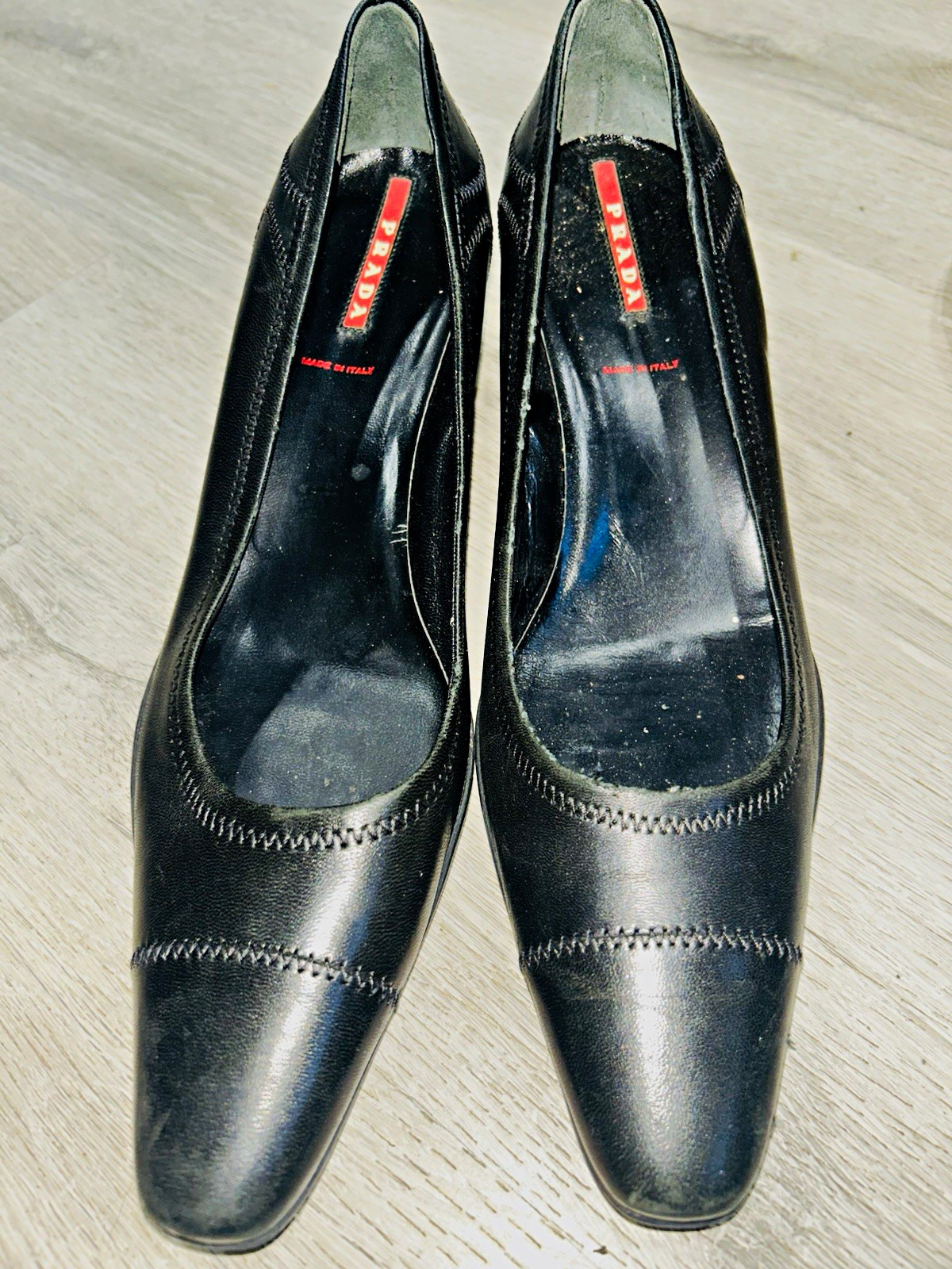 PRADA Women’s Black Leather Square Toe Kitten Heel Slip-On Pumps Size 7.5