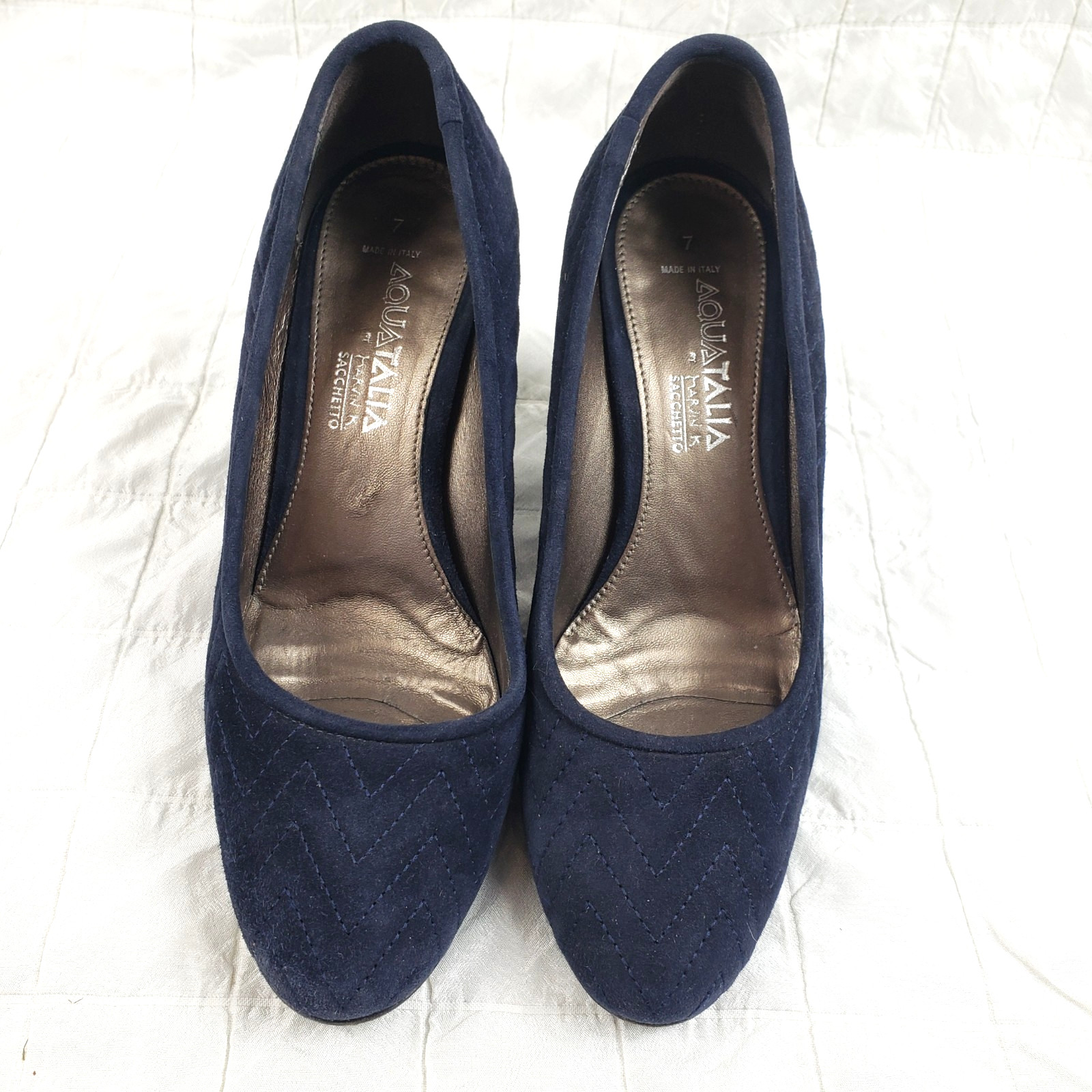 Aquatalia by Marvin K Sacchetto Quilted Blue Suede Pumps 3.25″ Heels Shoe SIZE 7