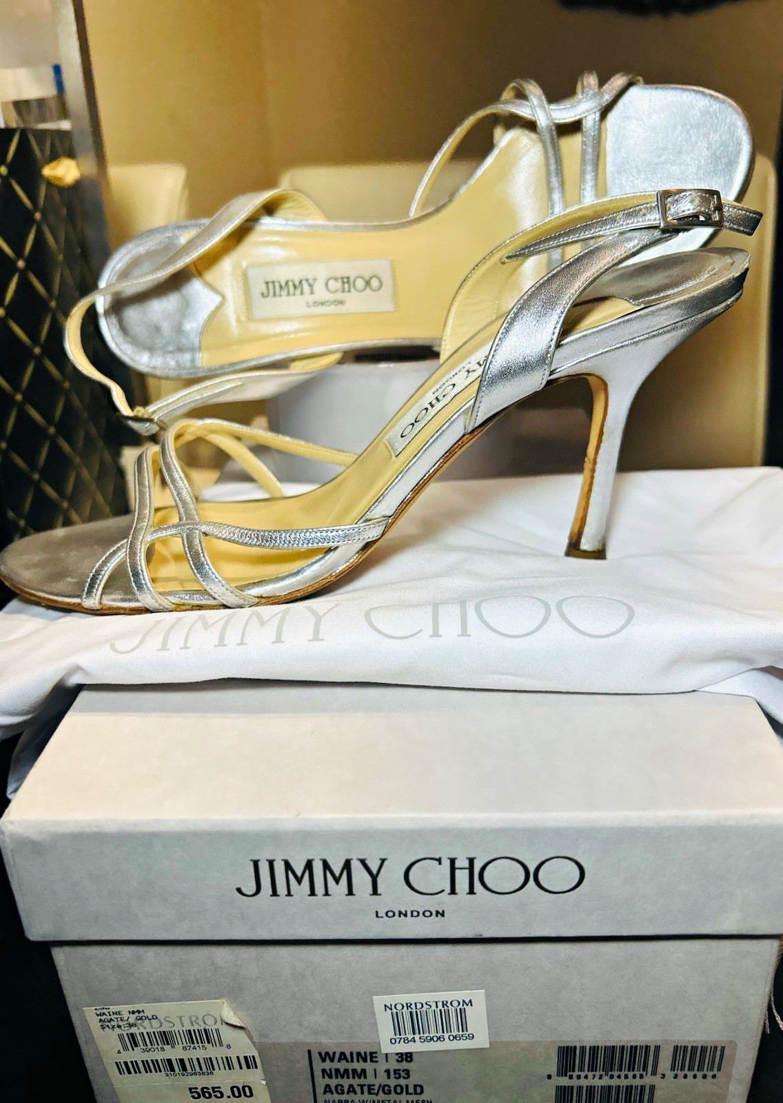 Jimmy Choo Silver Leather Strappy Open Toe Buckle Stiletto Heel Women 8.5