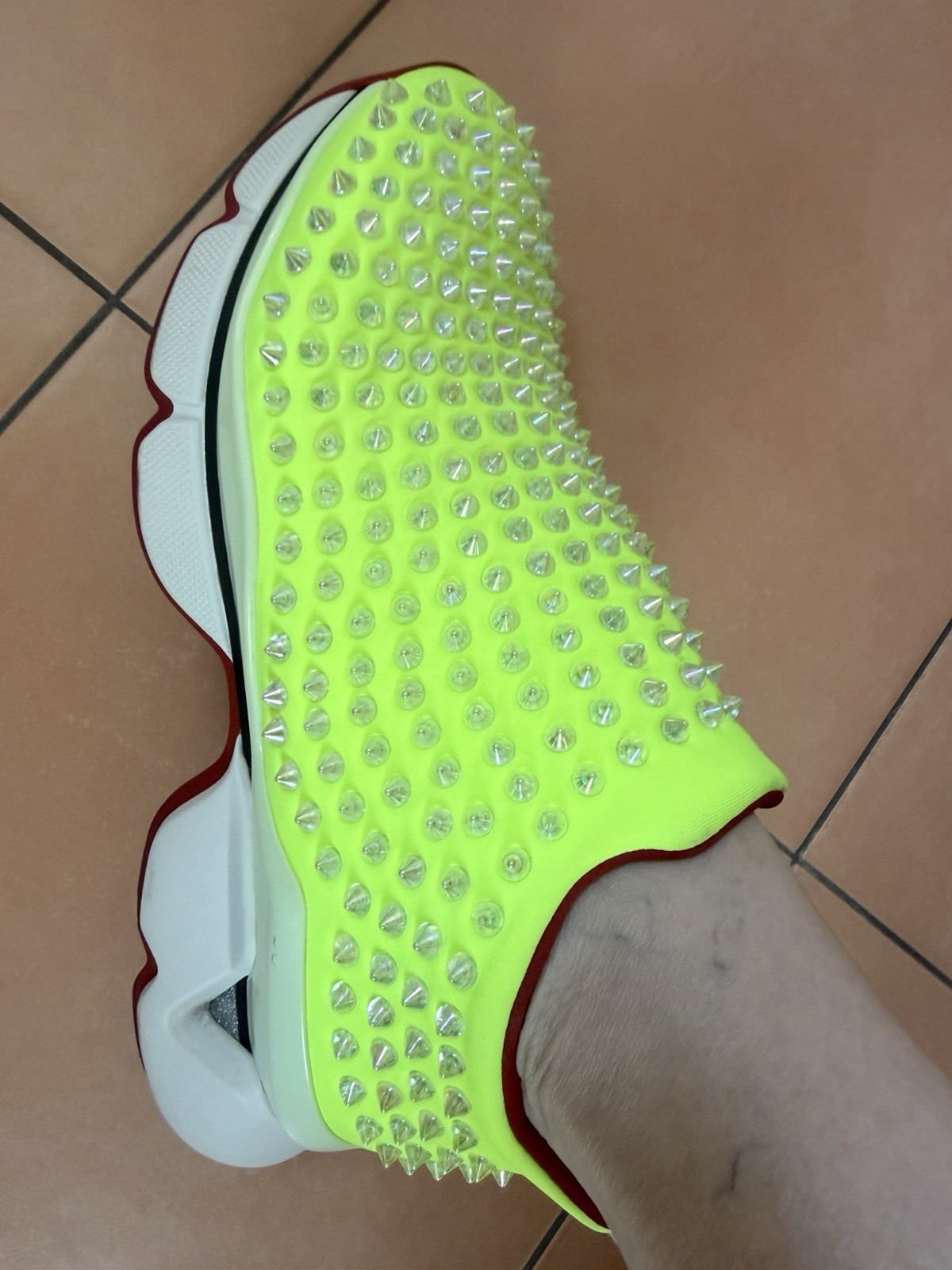 STUNNING CHRISTIAN LOUBOUTIN SPIKE SOCK ,slip-on sneakers in vibrant neon yellow