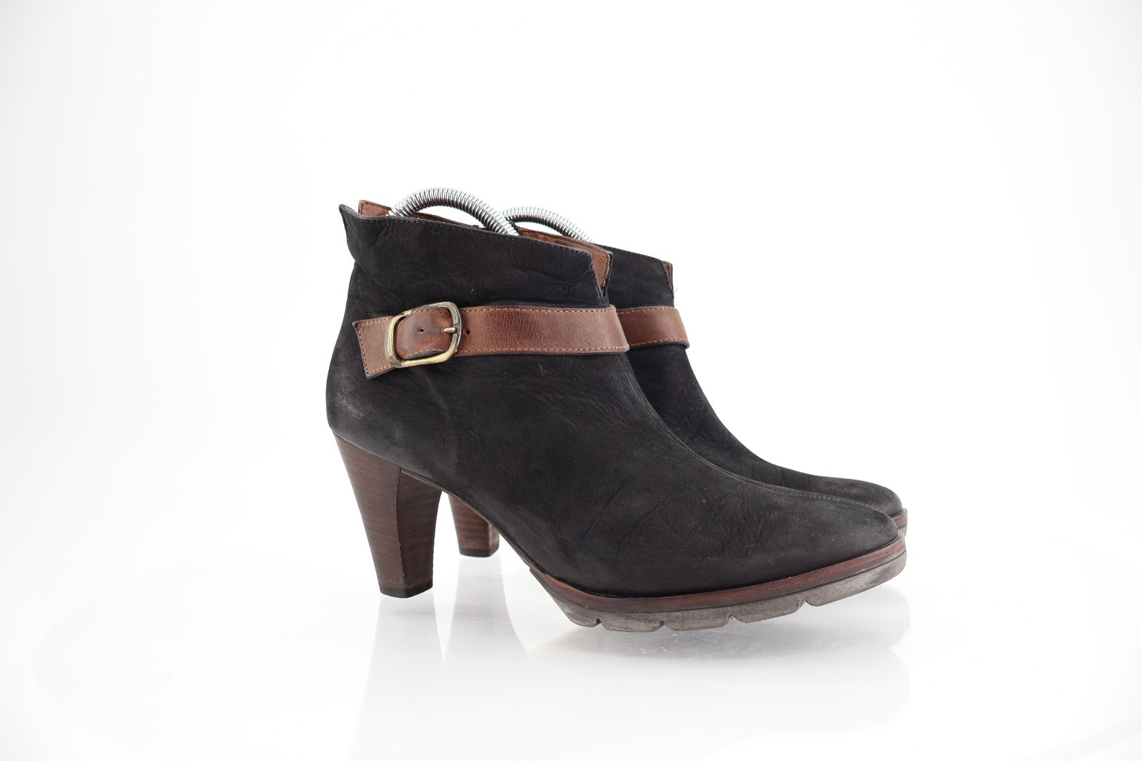 Paul Green Women’s Boot Size 9 Block Heel Black Nubuck Bootie Brown Strap