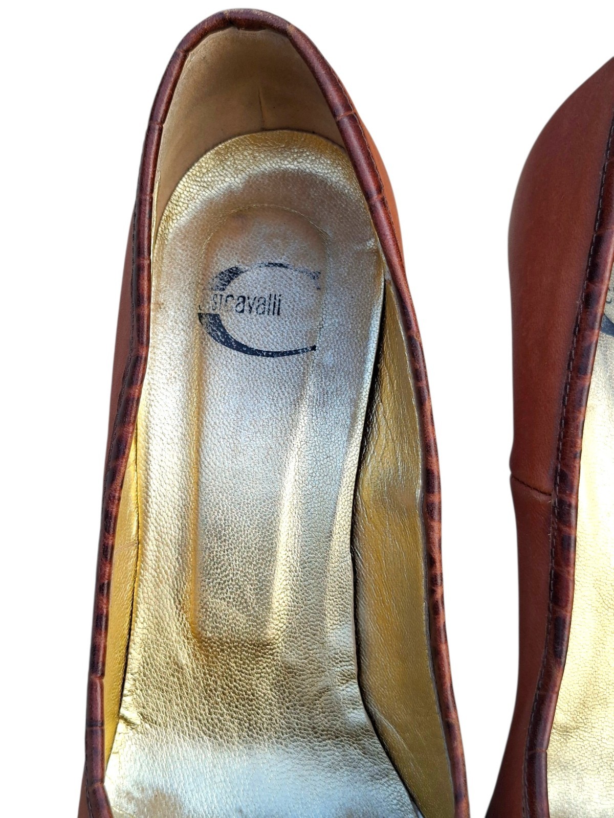 Vintage Just Cavalli Brown Leather Pointy Pumps Gold Buckle Heels Y2K Sz 39