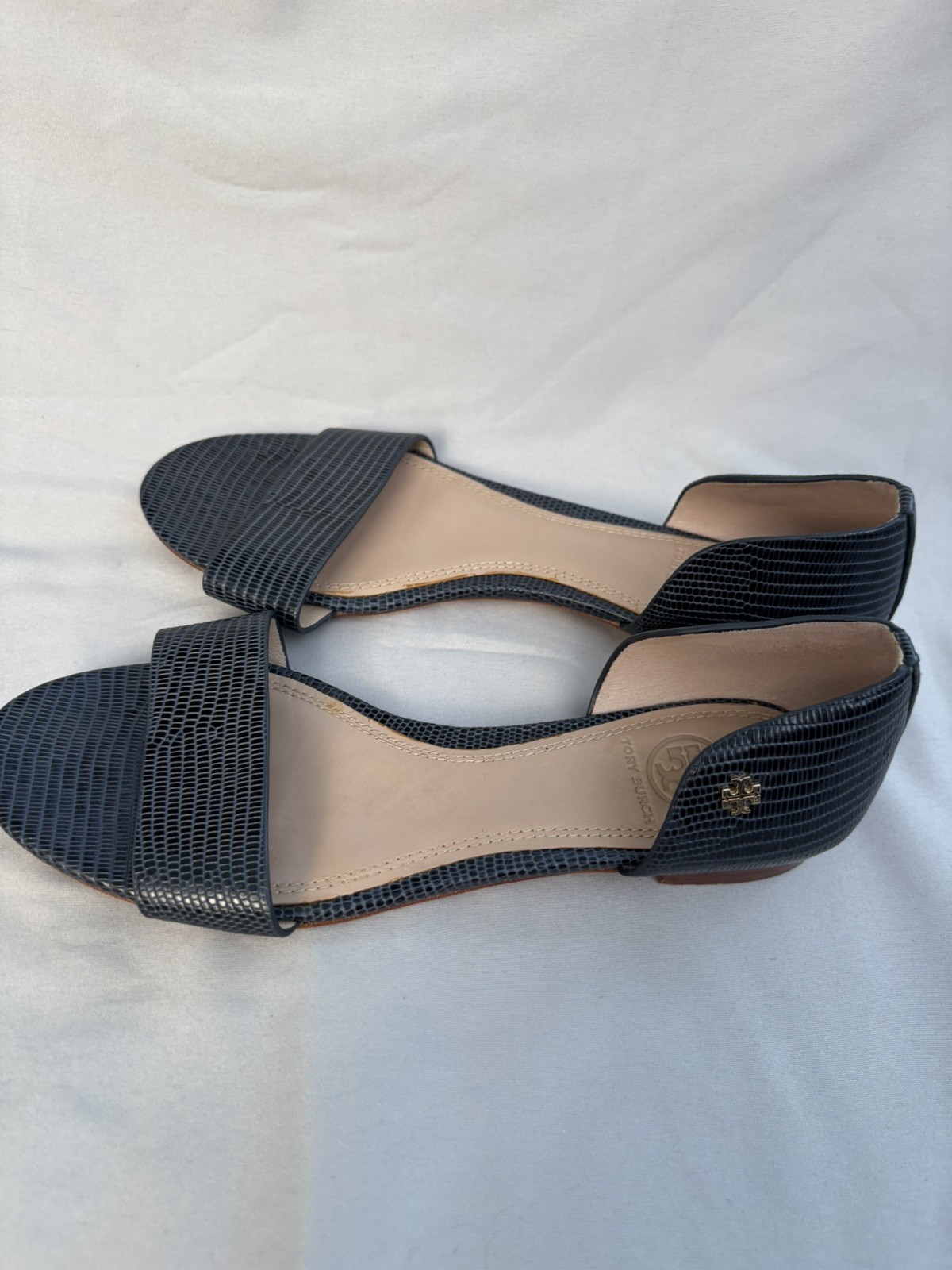 TORY BURCH Savannah Embossed Lizard Leather Sandals Sz 8 Navy Blue Flat Slip On
