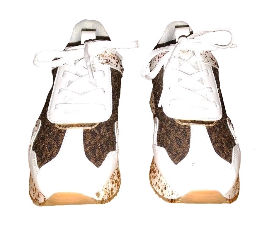 Custom Michael Kors Raina Trainer White Gold Glitter Brown Sneakers Women 8.5