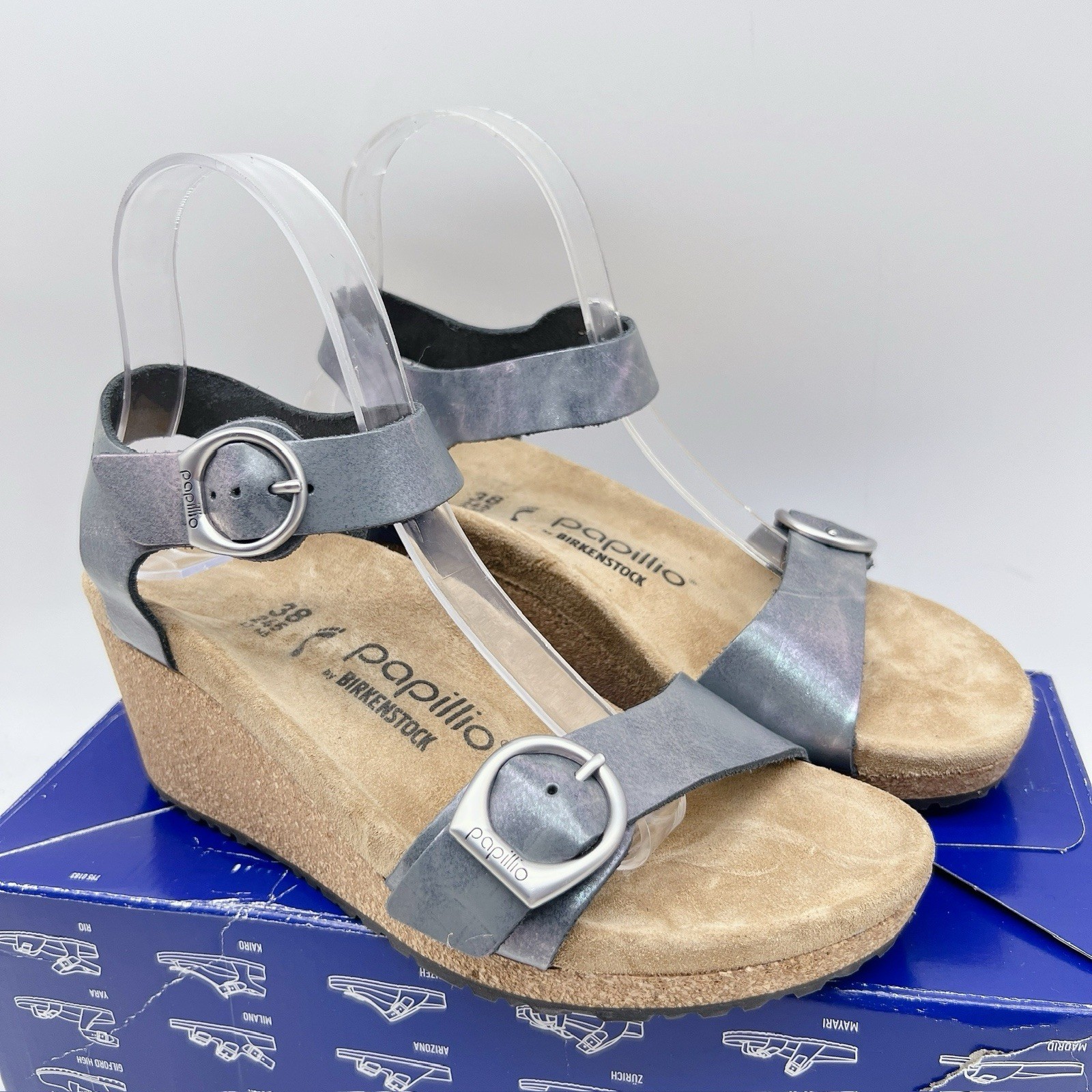 Birkenstock Papillio Soley Ring Buckle Sandal Metallic Black Wedge EU 38
