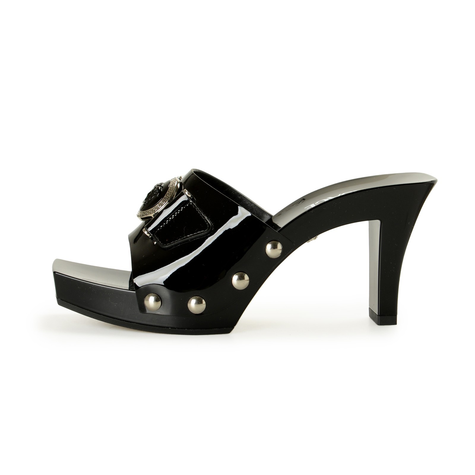 Versace Women’s Black Patent Leather Clog Mules Sandals Shoes US 6 IT 36